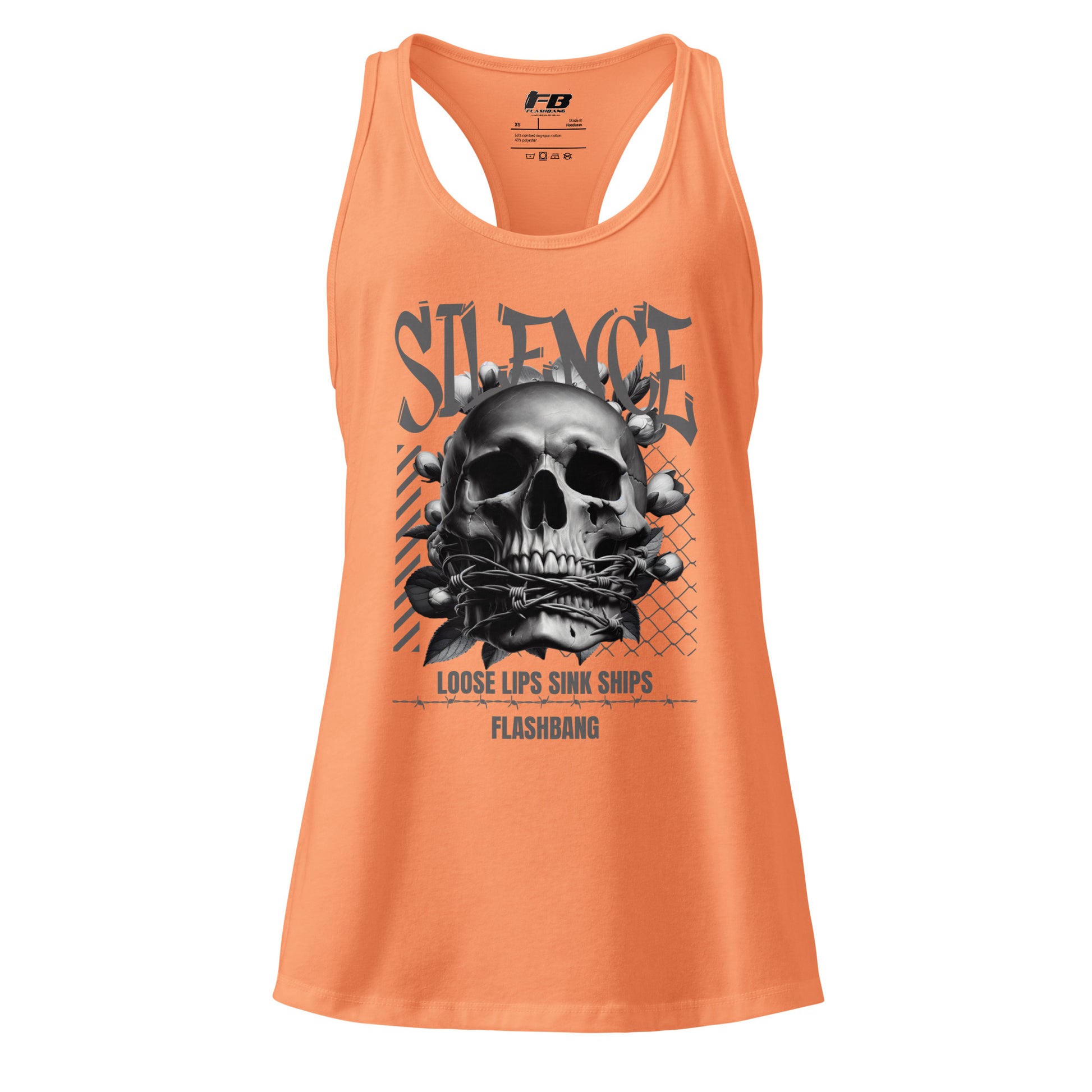 Orange tank top with a skull graphic and text on a white background