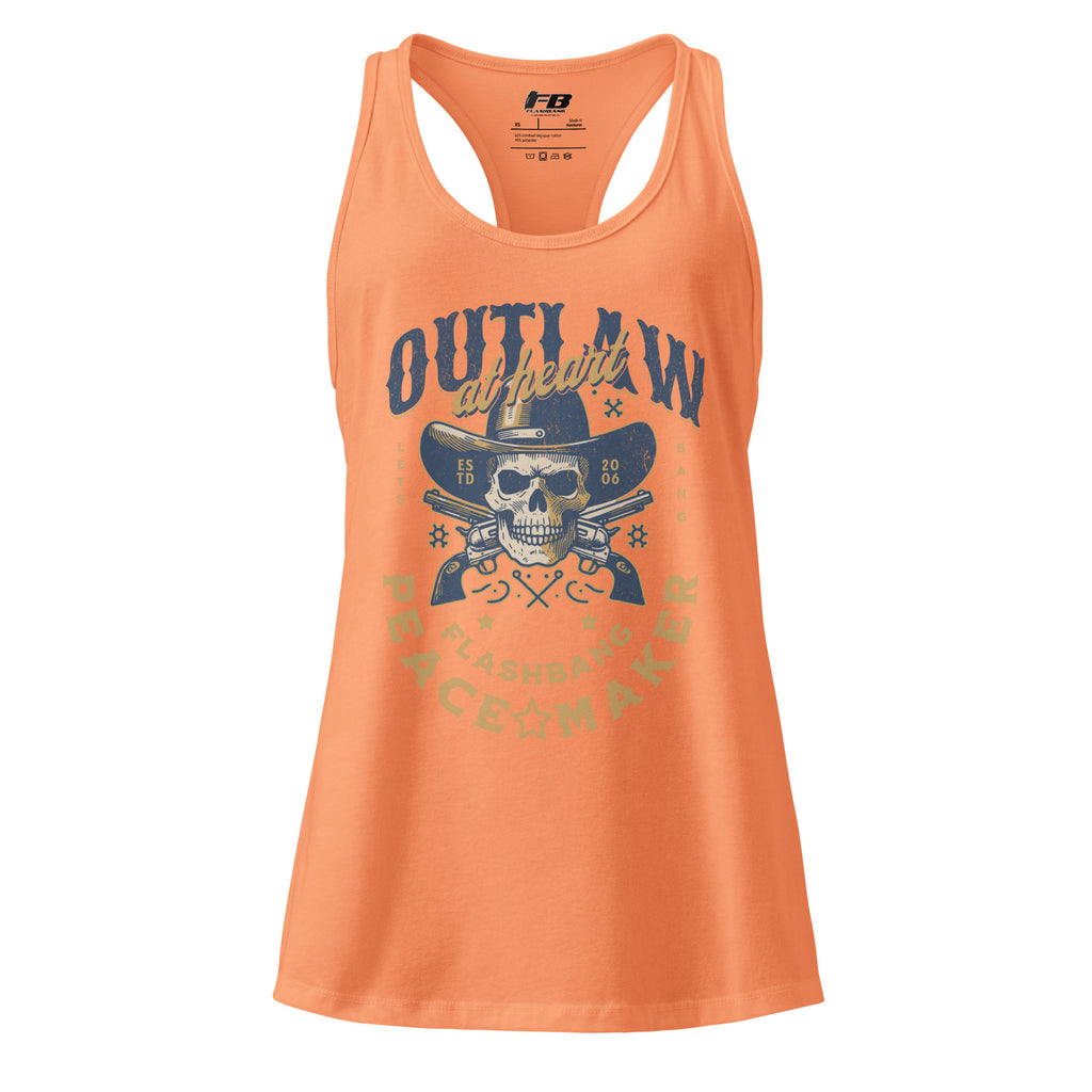 Orange tank top with skull and hat graphic on a white background