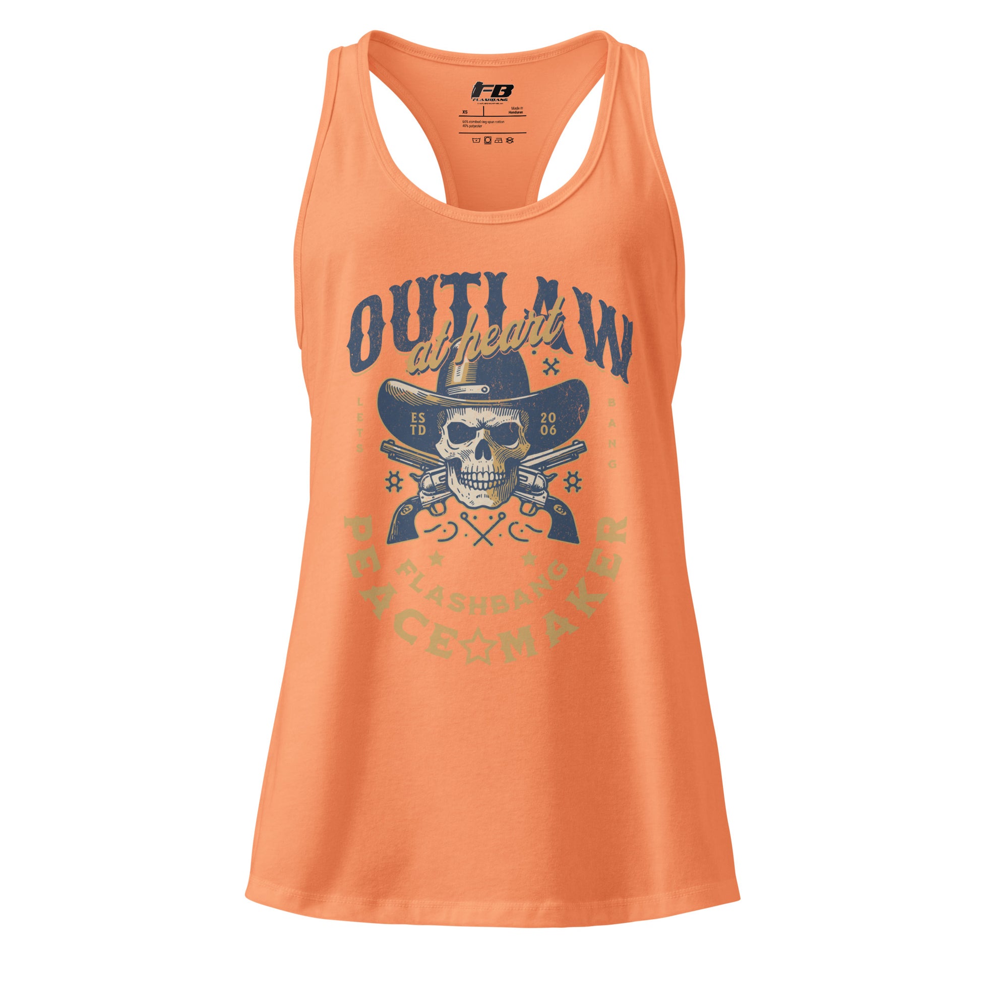Orange tank top with skull and hat graphic on a white background