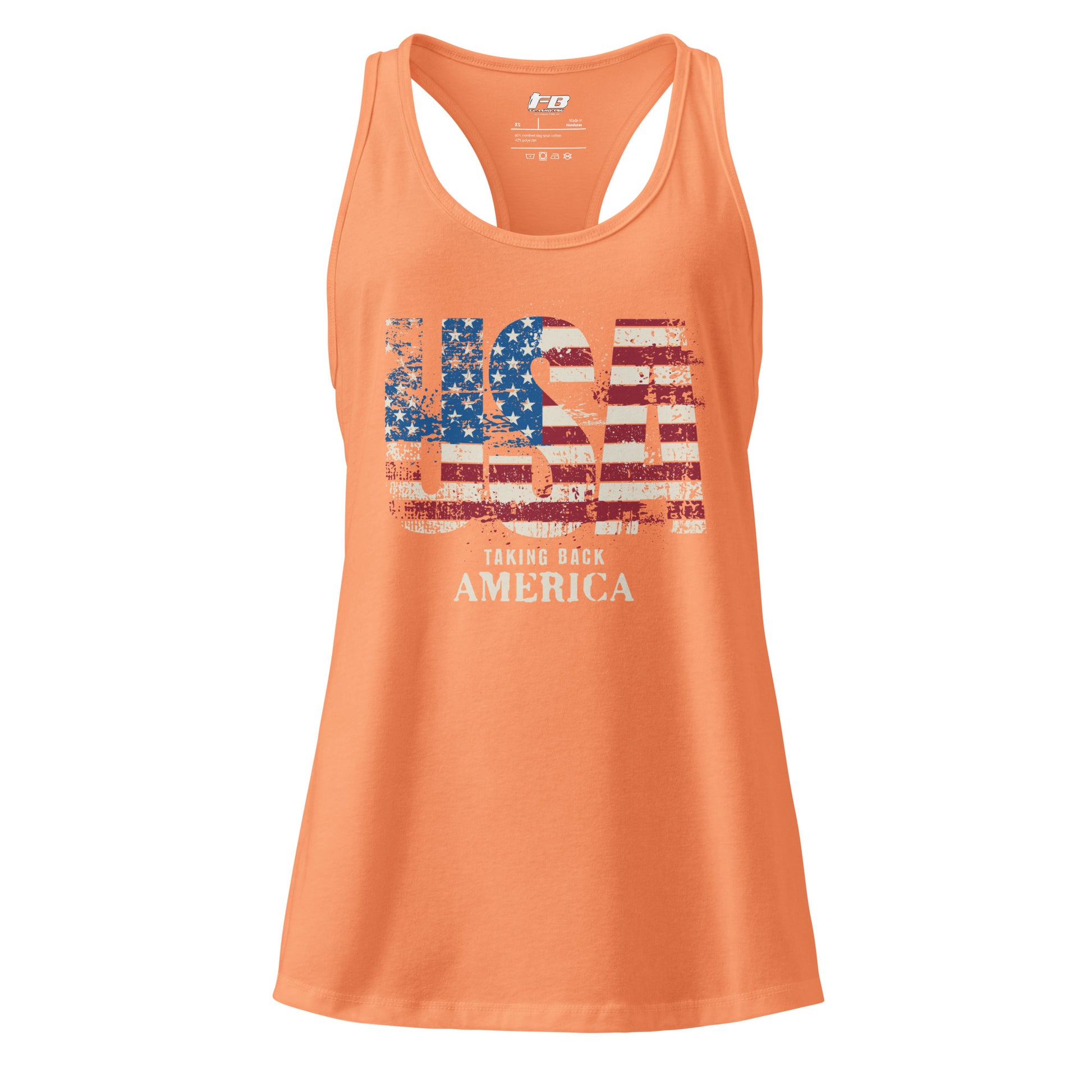 Orange tank top with American flag design and text on a white background