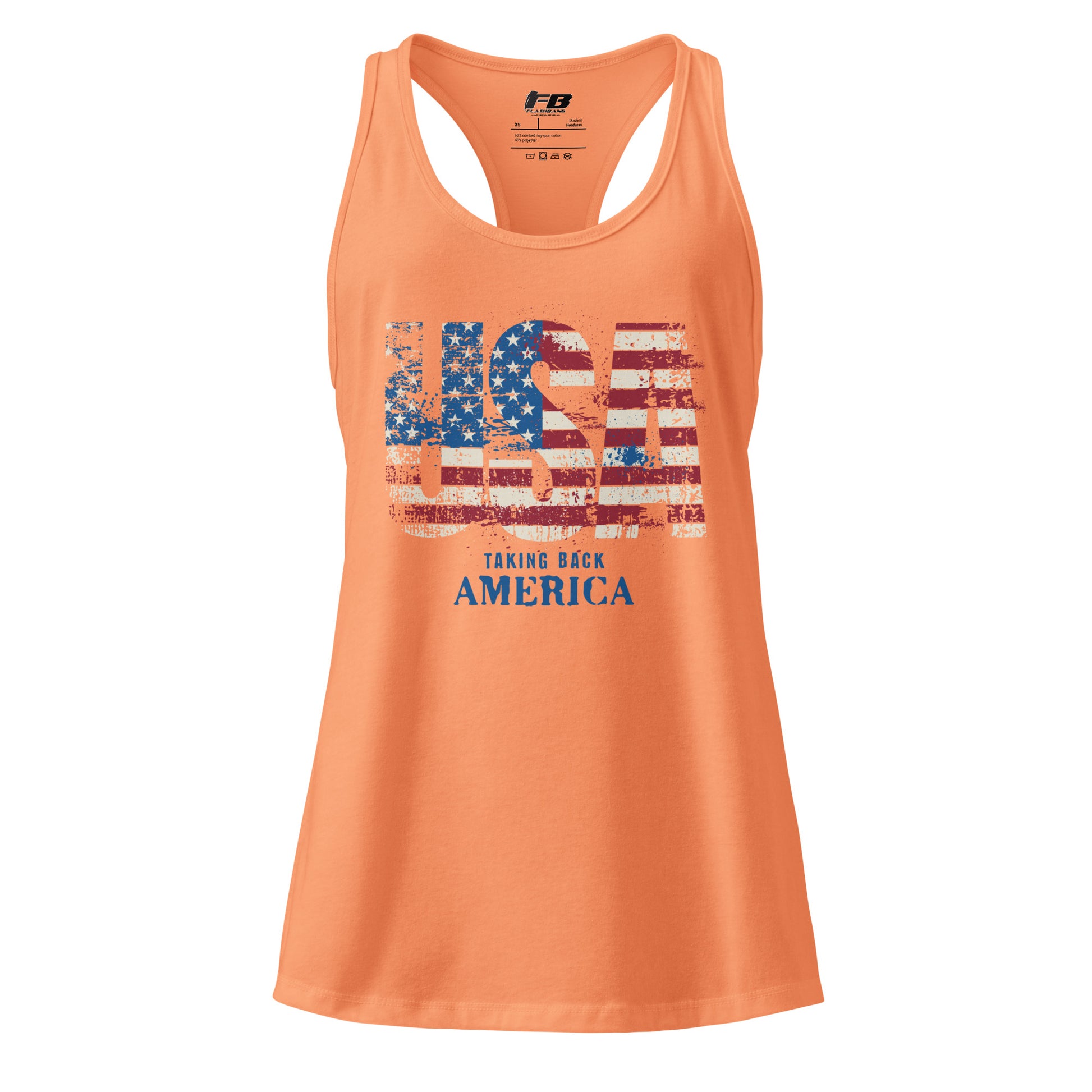 Orange tank top with American flag design and text on a white background