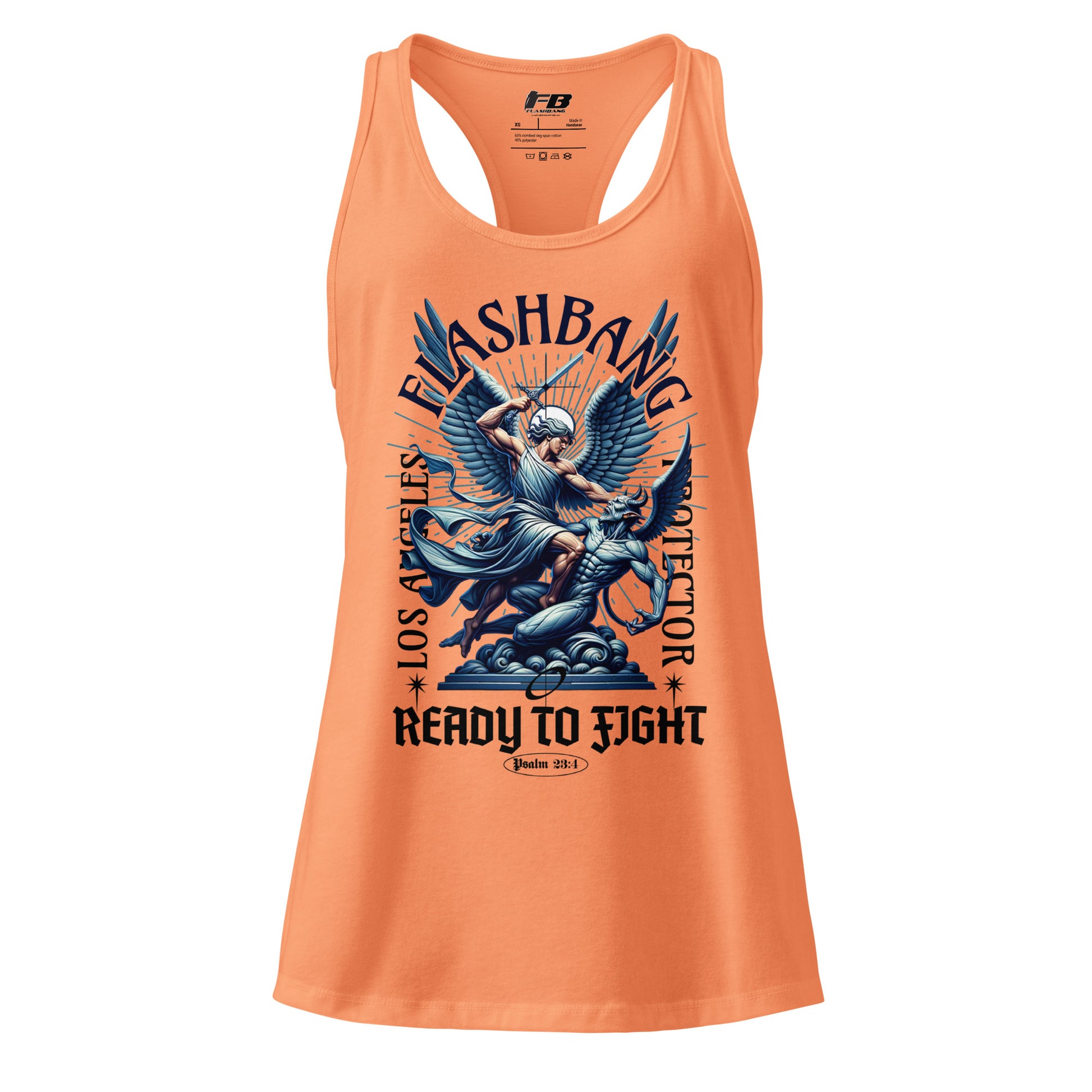 Orange tank top with graphic design and text on a white background