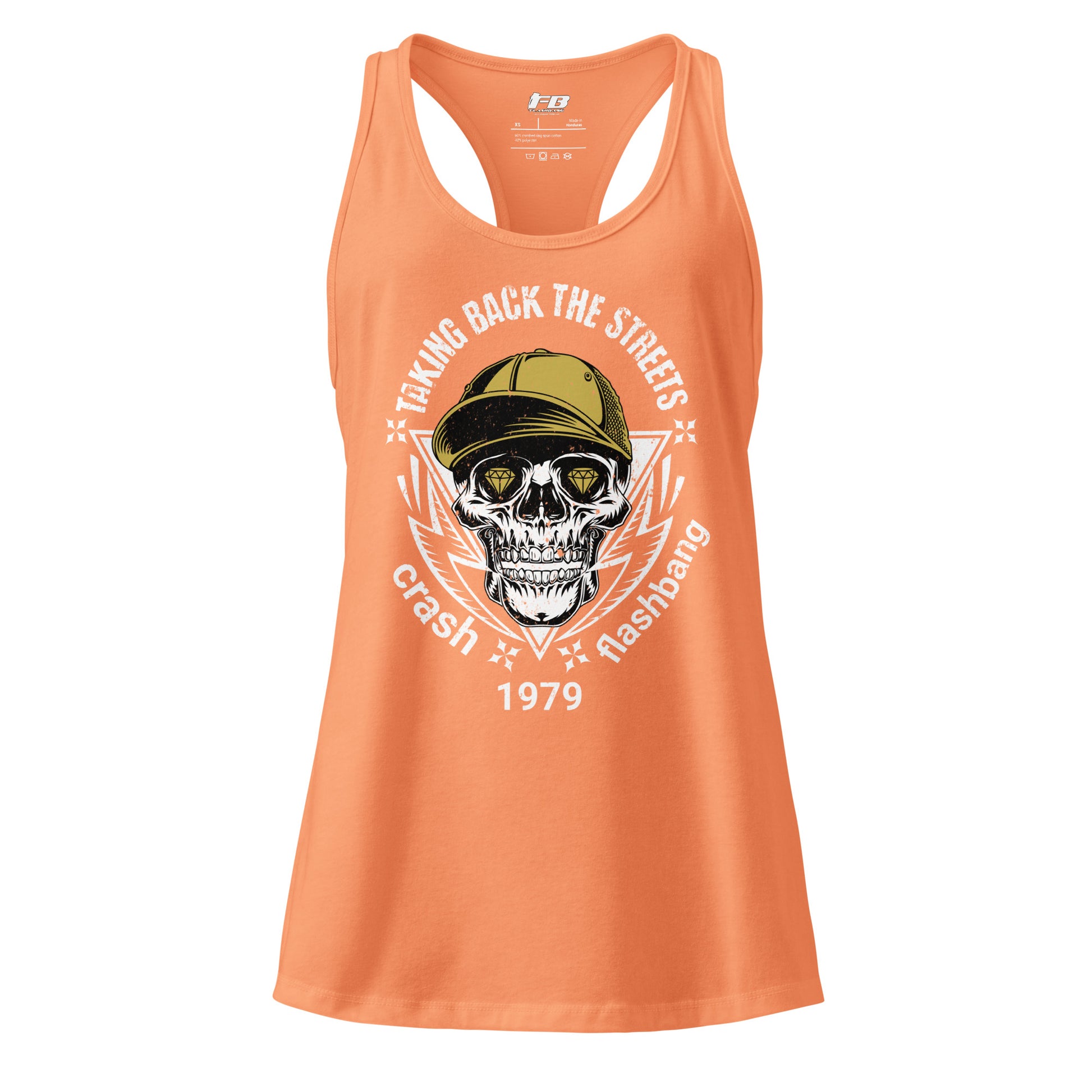 Orange tank top with skull graphic and text on a white background