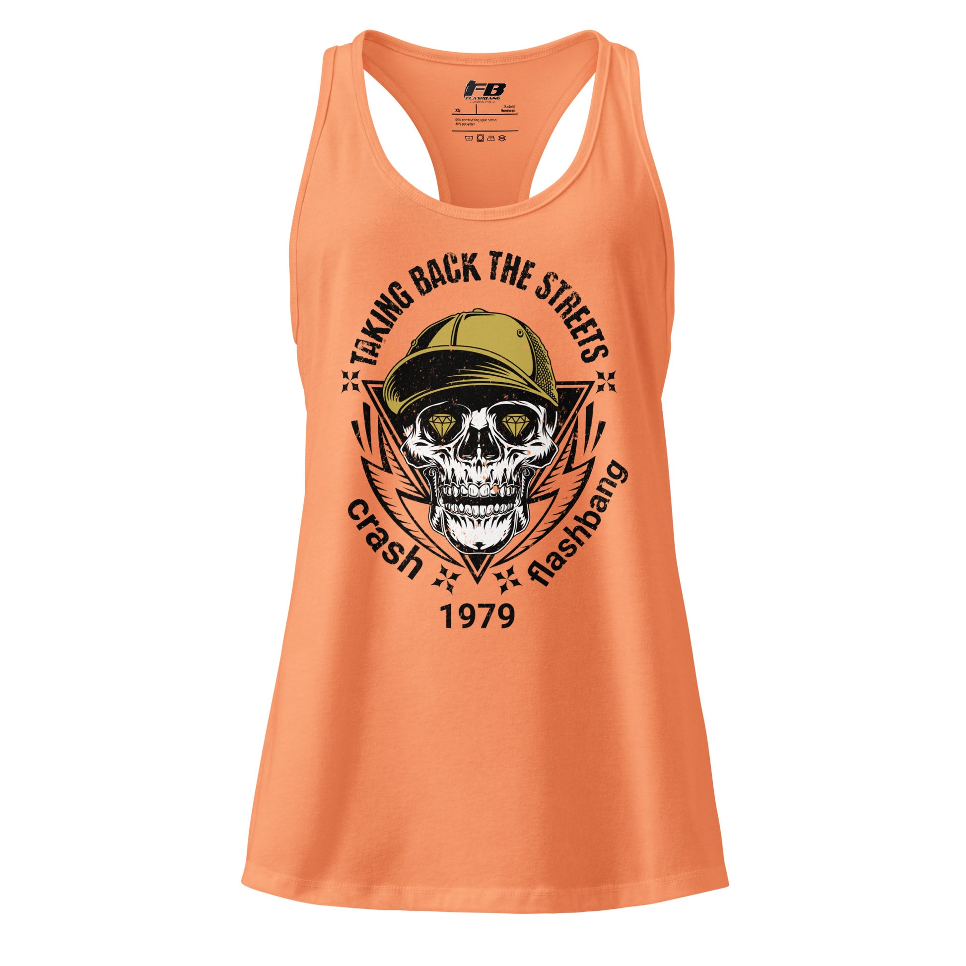 Orange tank top with skull graphic and text on a white background