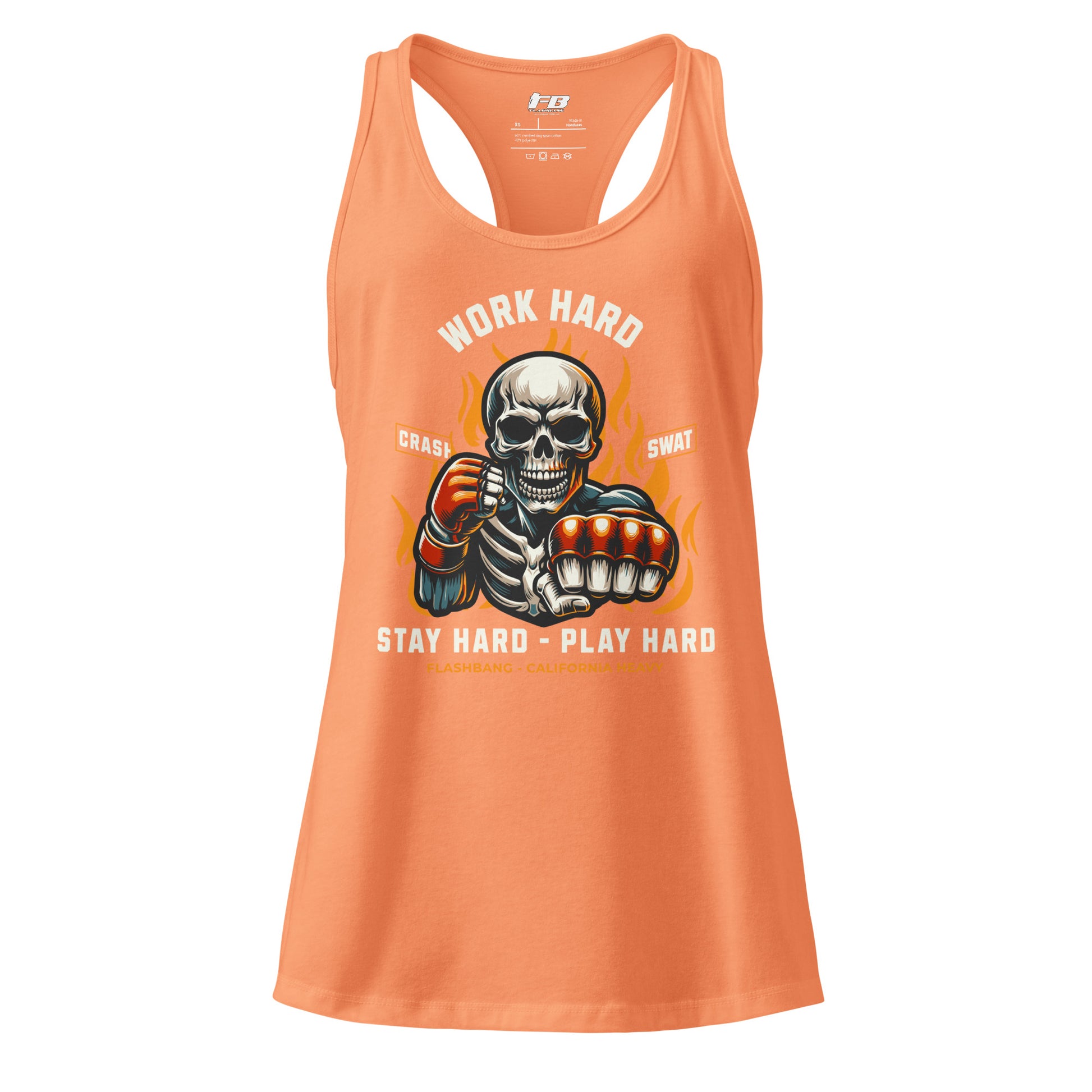 Orange tank top with a skeleton graphic and text on a white background