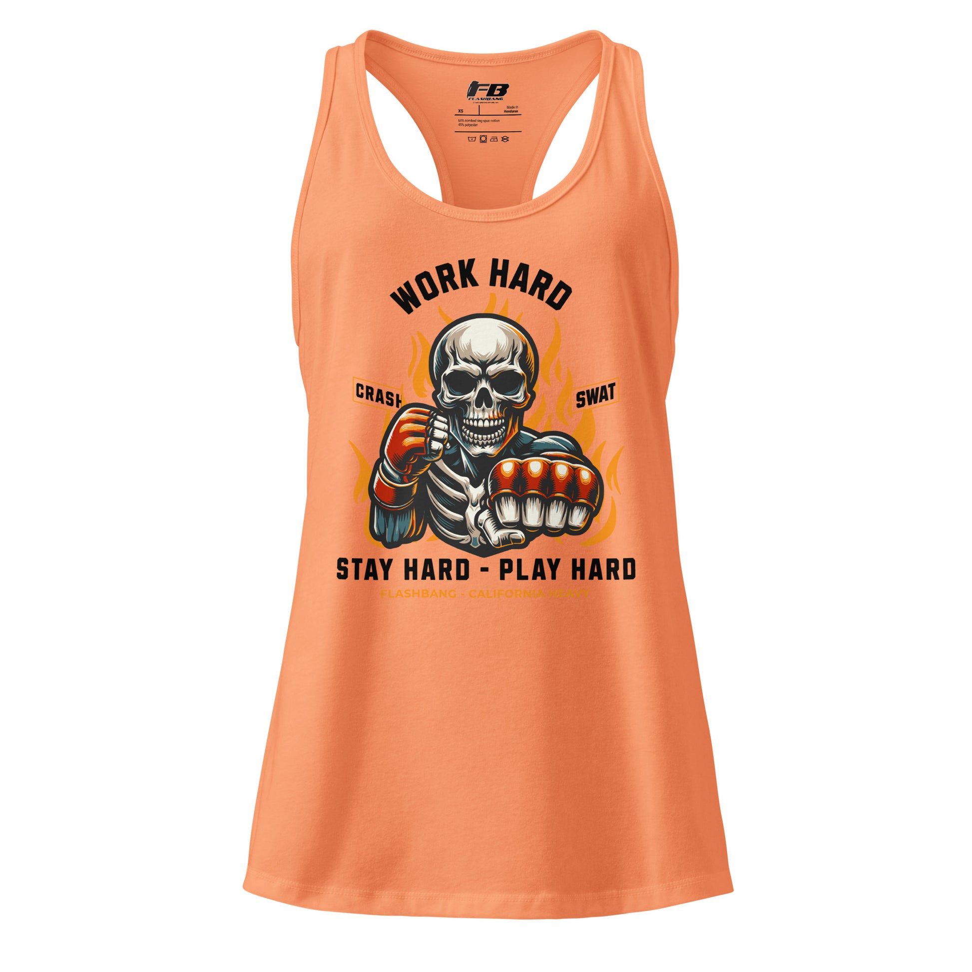 Orange tank top with a skeleton graphic and text on a white background