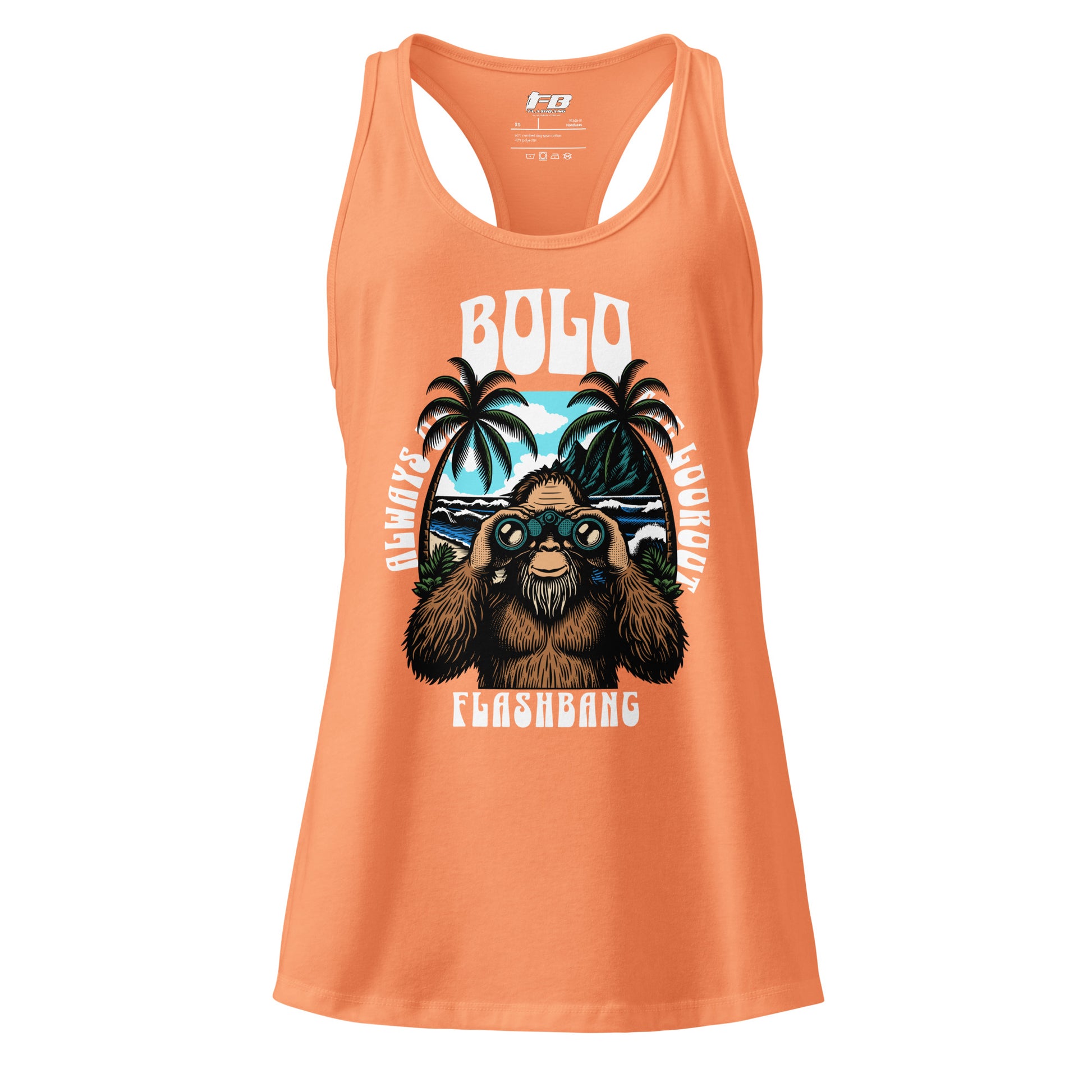 Orange tank top with a graphic of a bear wearing sunglasses and palm trees, on a white background.