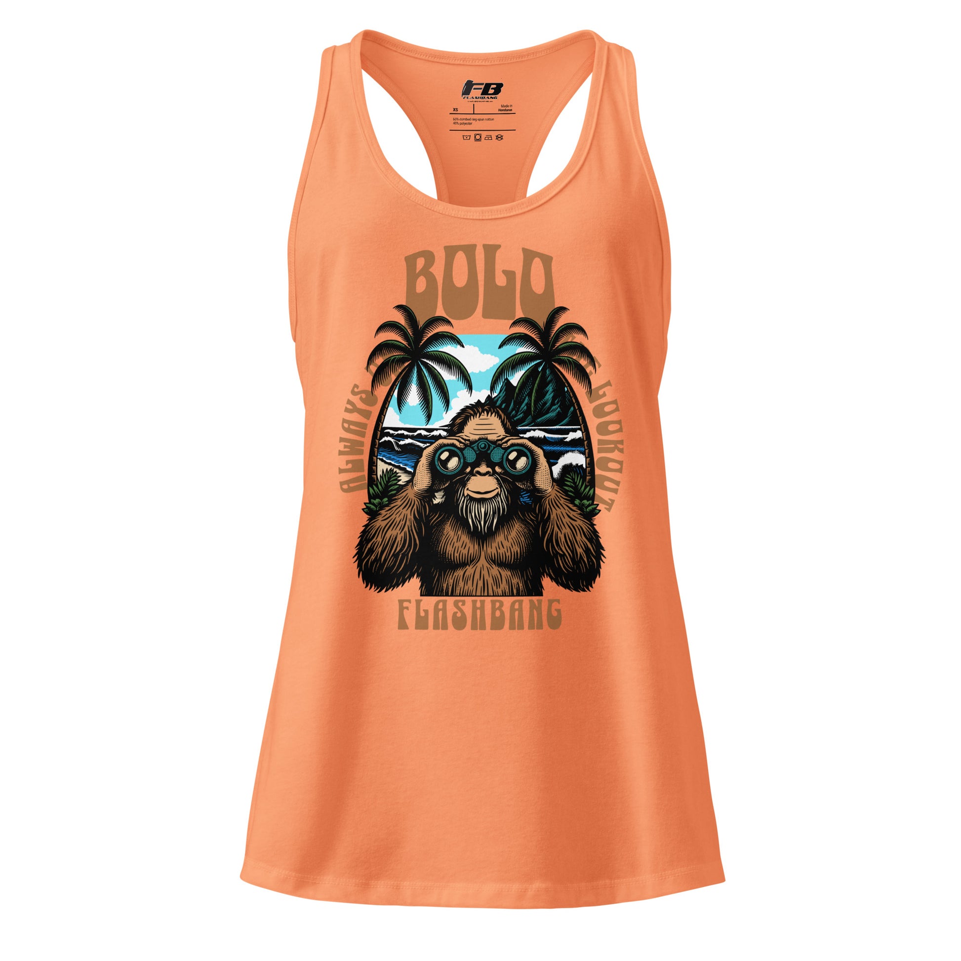 Orange tank top with a graphic design of a sloth and palm trees on a white background