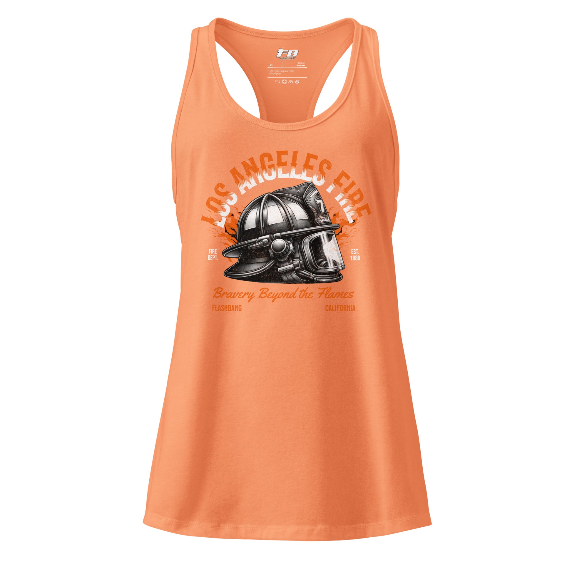 Orange tank top with a fire helmet graphic and text on a white background