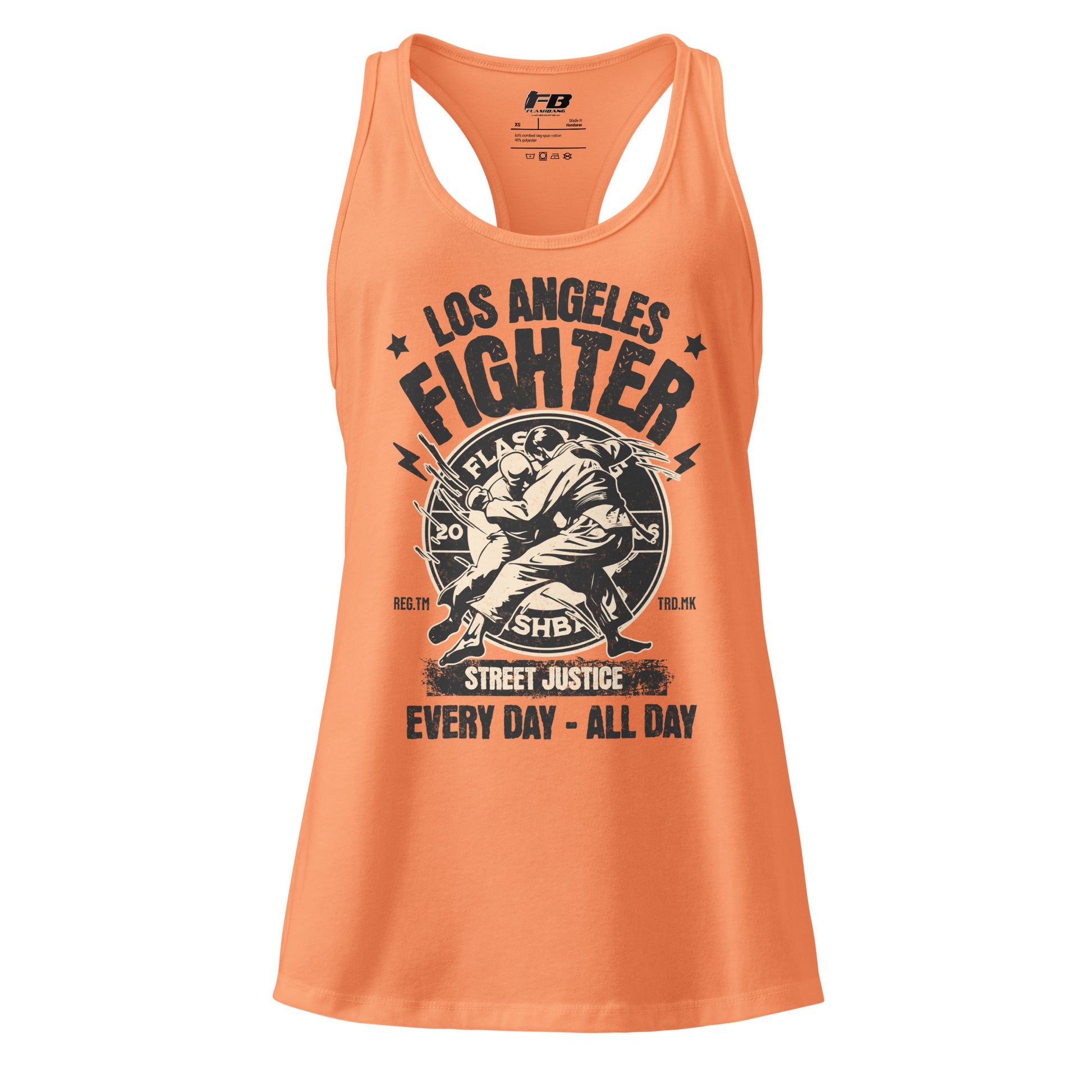 Orange tank top with 'Los Angeles Fighter' graphic design on a white background
