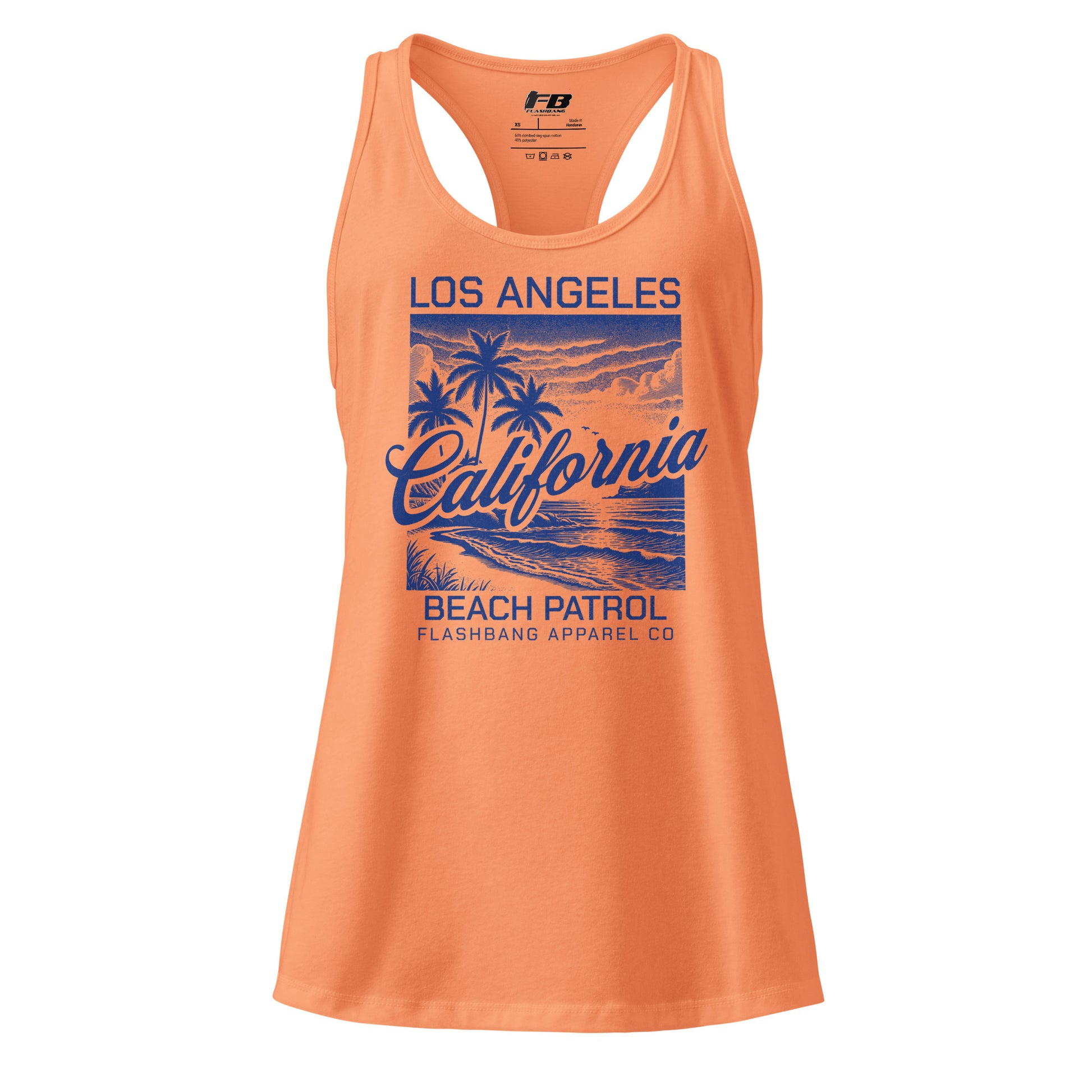 Orange tank top with 'Los Angeles California Beach Patrol' design on a white background