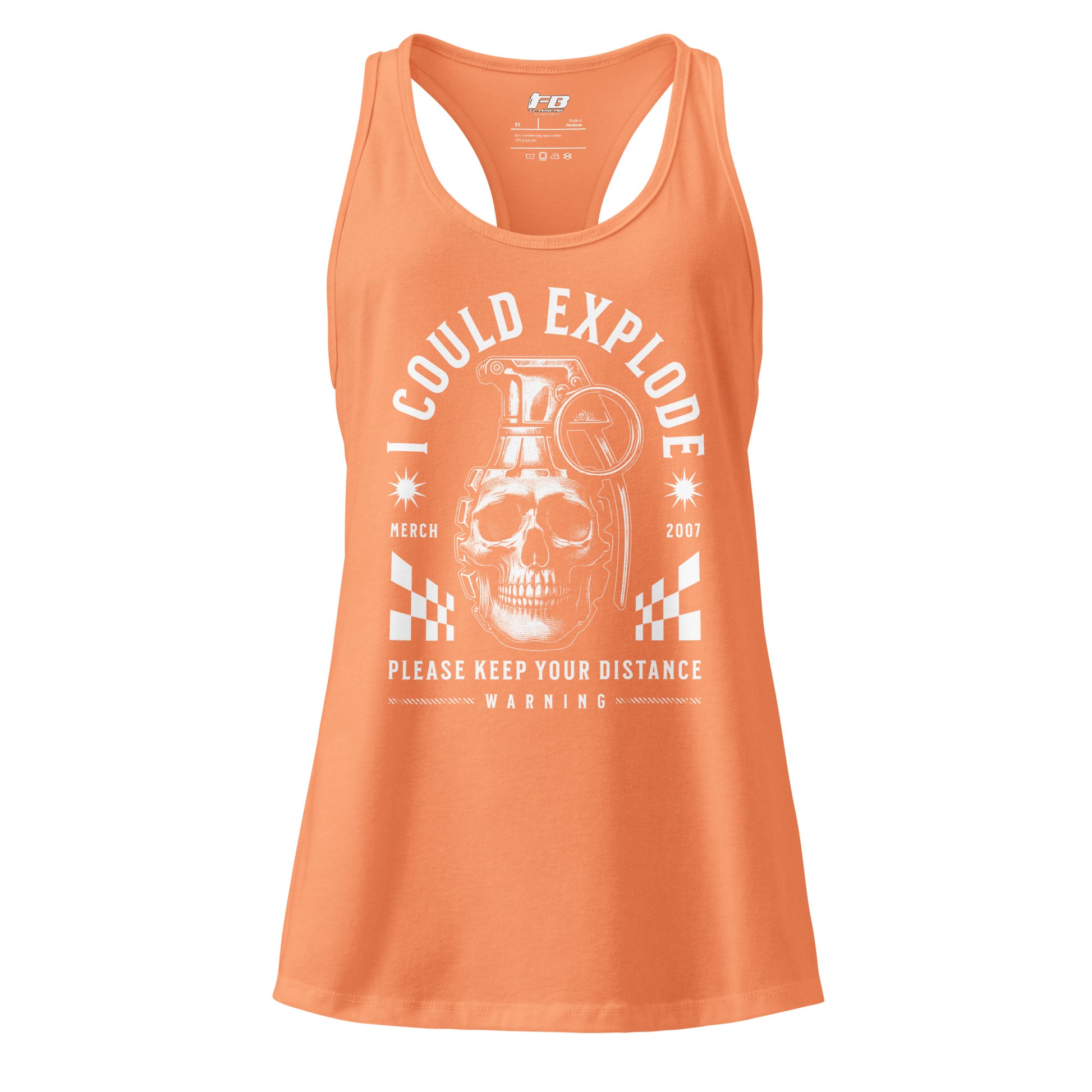 Orange tank top with graphic design and text on a white background