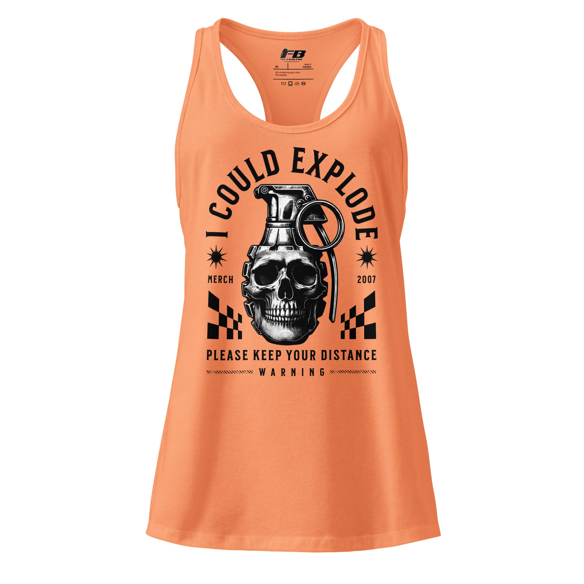 Orange tank top with graphic design and text on a white background