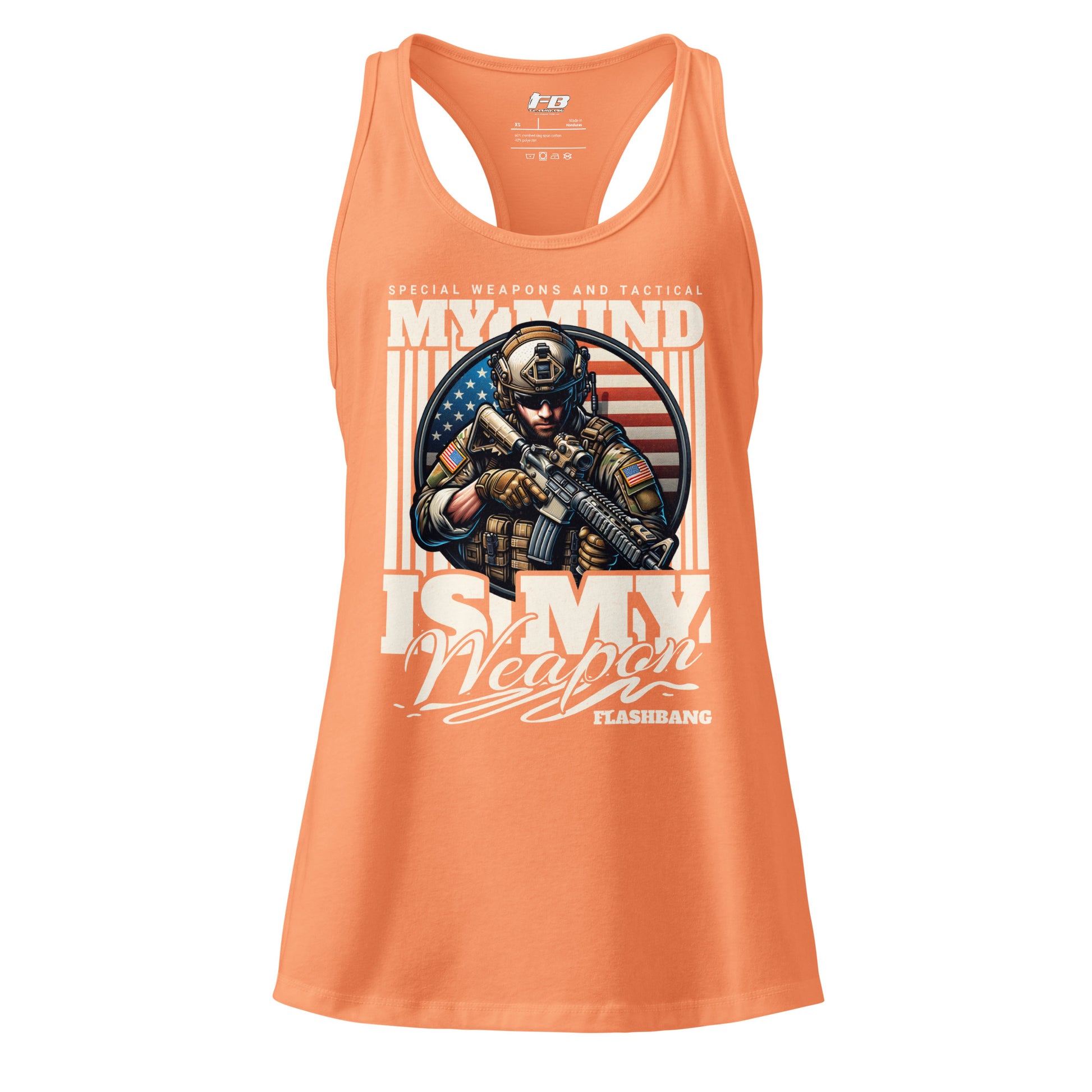 Orange tank top with graphic design and text on a white background