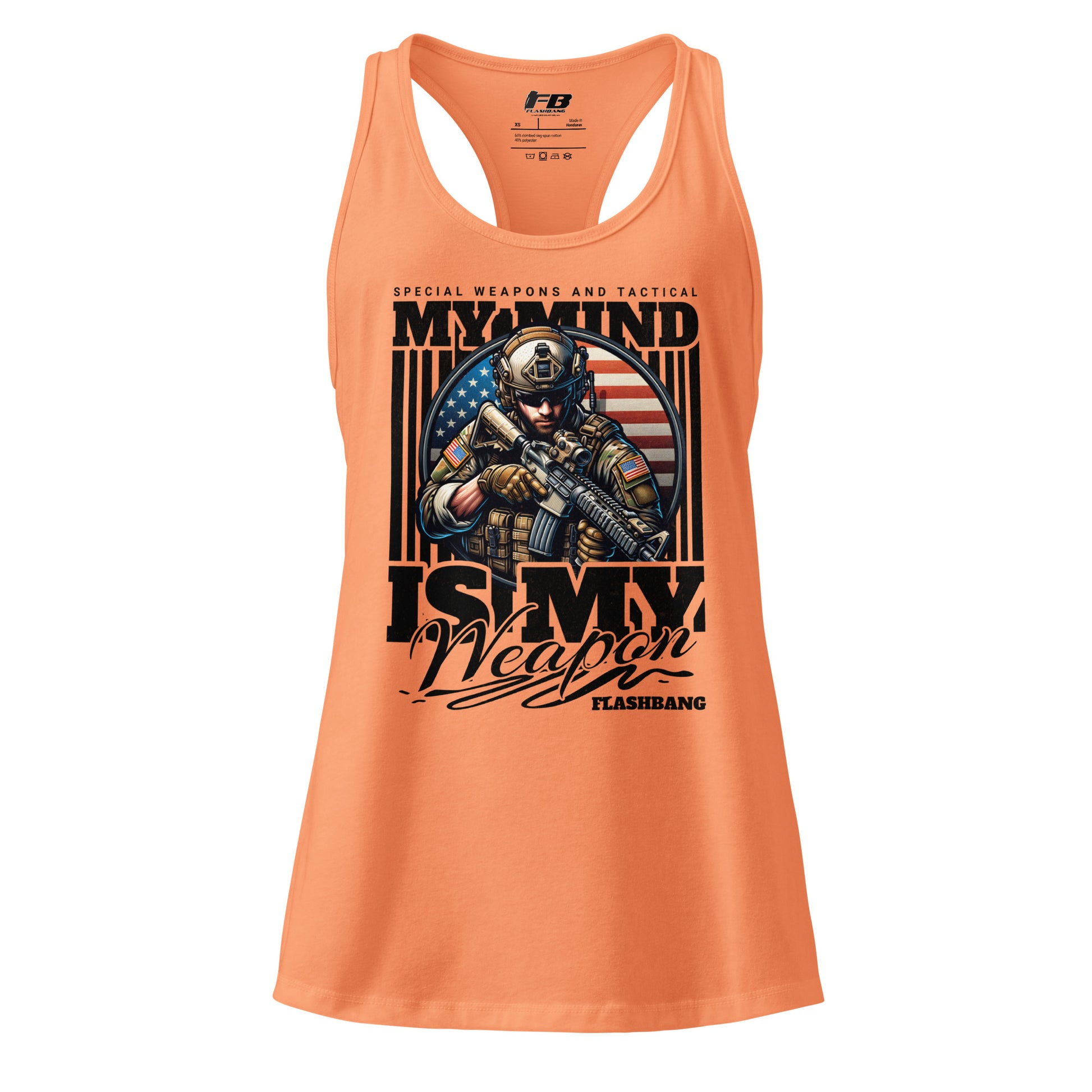 Orange tank top with graphic design and text on a white background