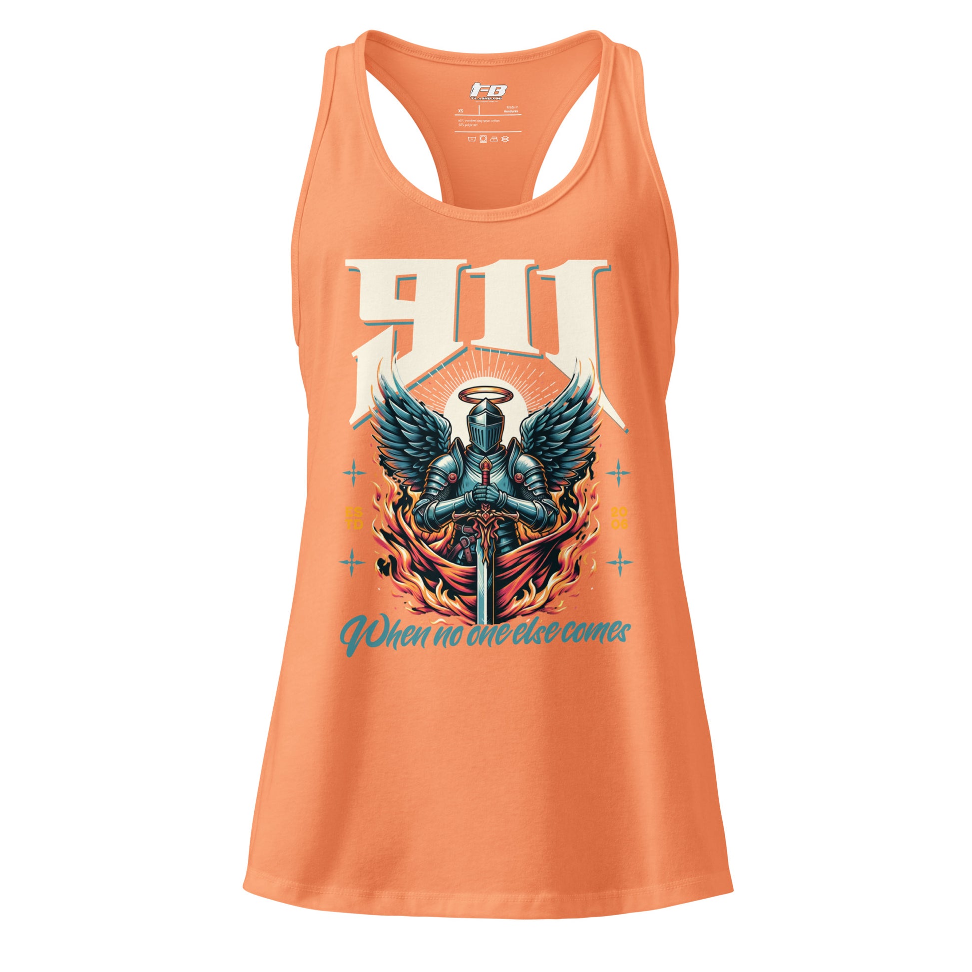 Orange tank top with graphic design and text on a white background