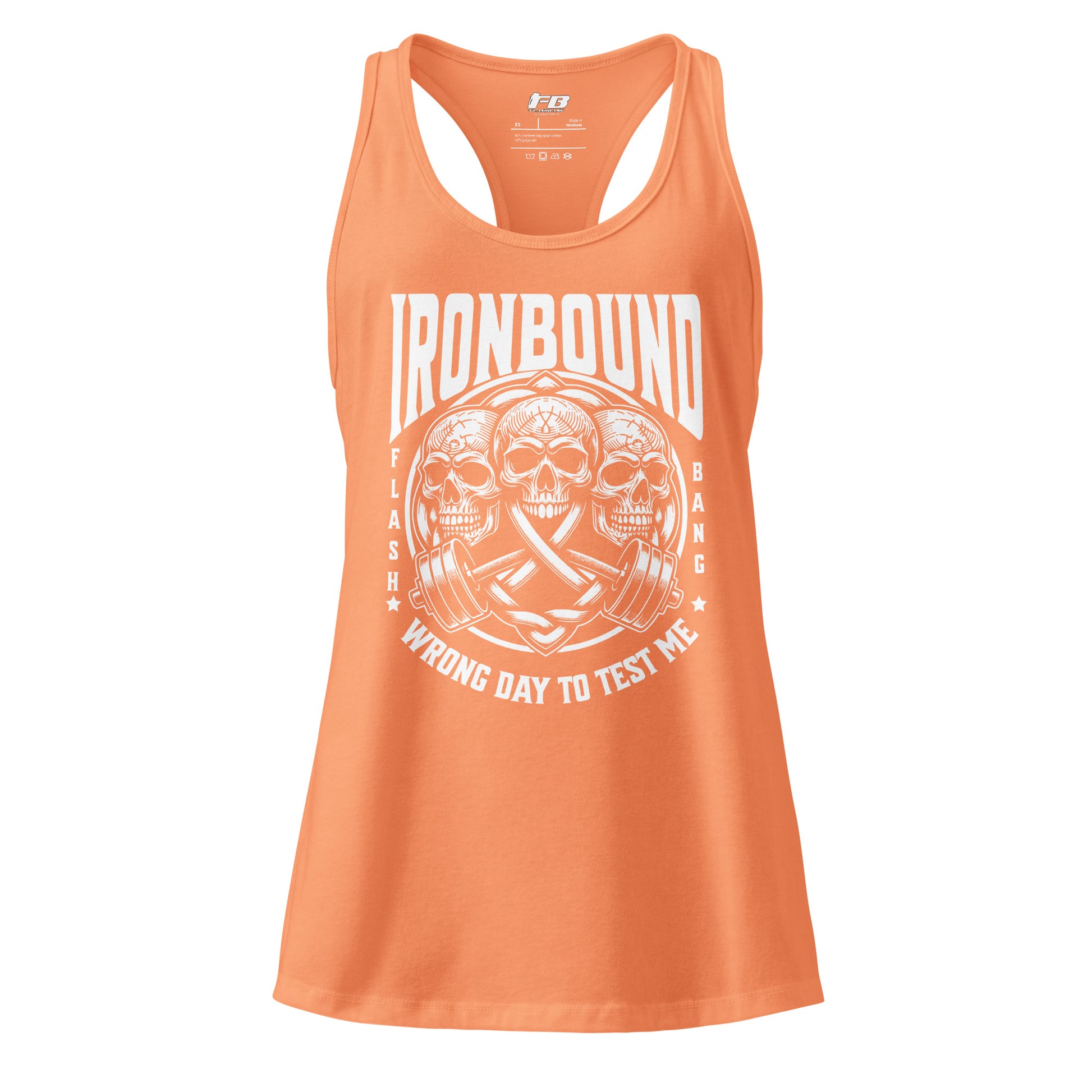 Orange tank top with white graphic and text on a white background