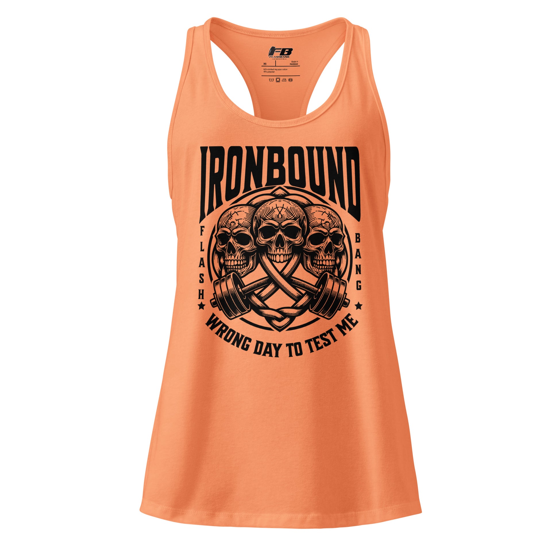 Orange tank top with black graphic design and text on a white background