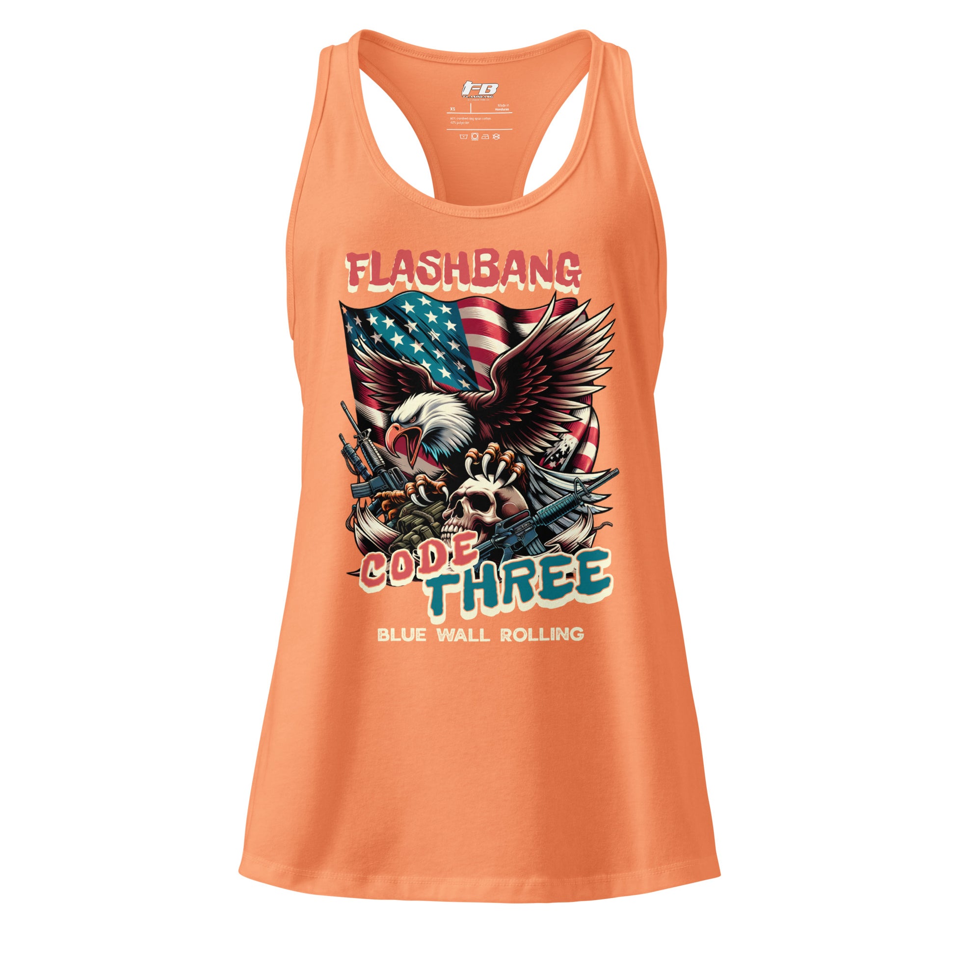 Orange tank top with graphic design and text on a white background