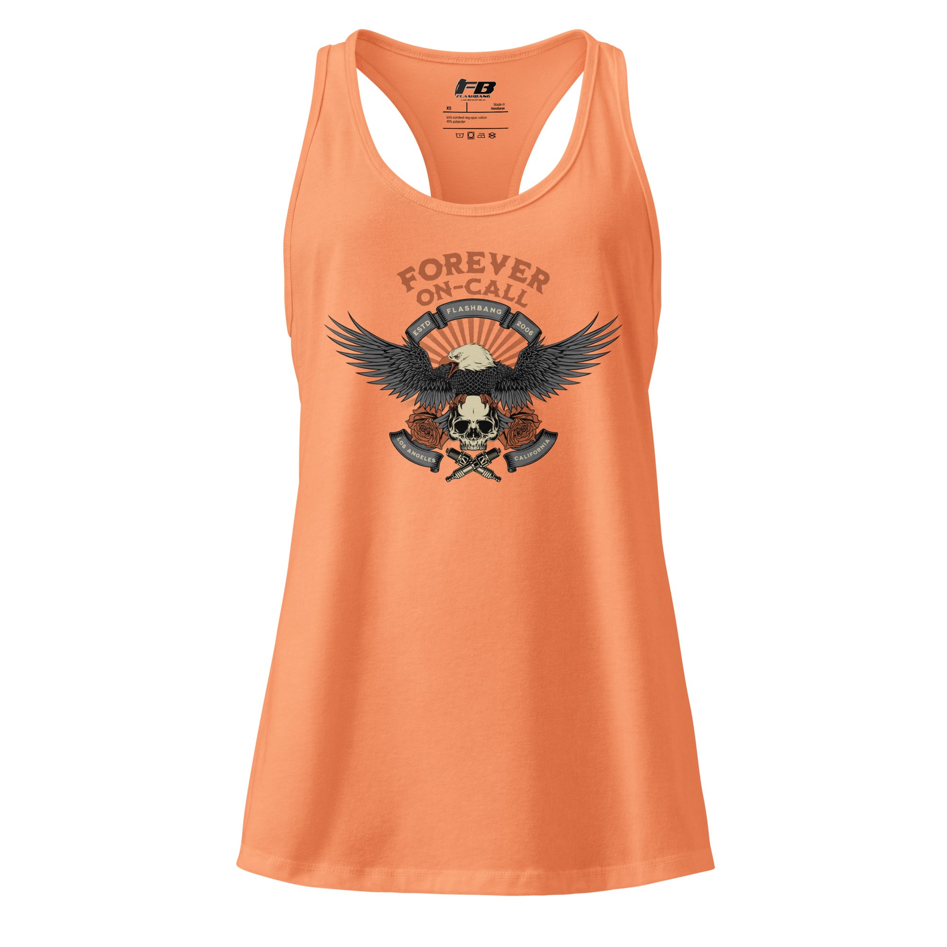 Orange tank top with graphic design and text on a white background