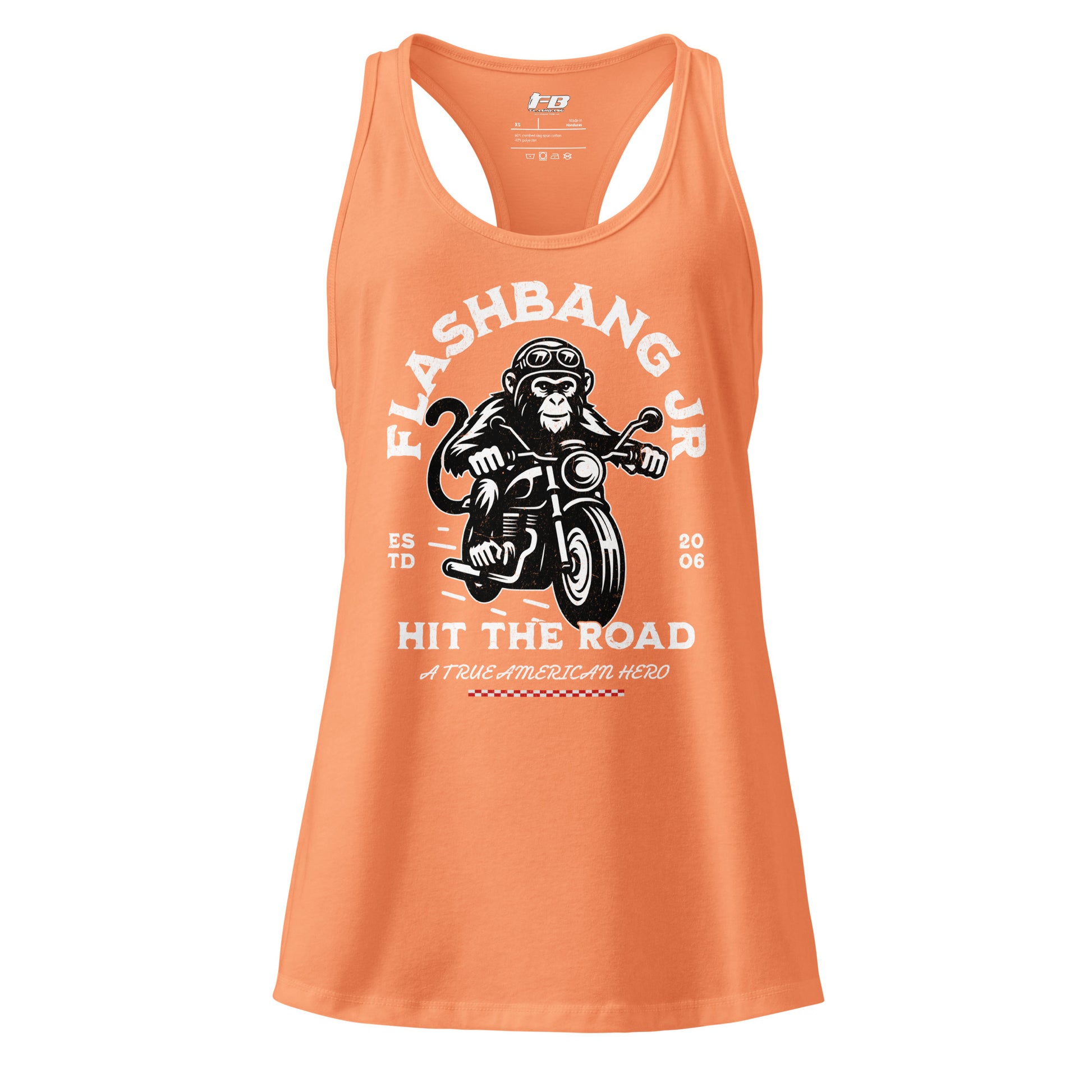 Orange tank top with monkey on a motorcycle graphic and text on a white background