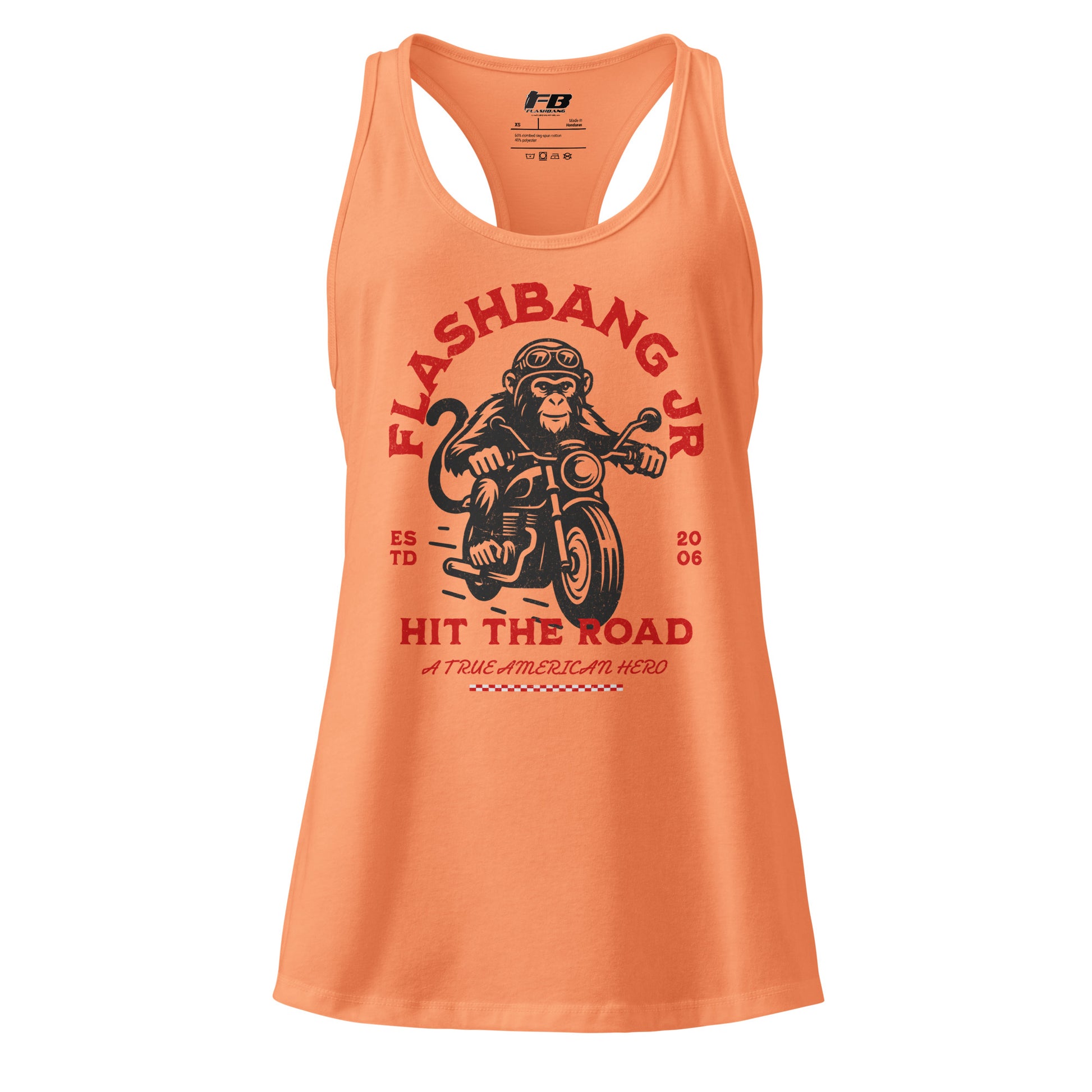 Orange tank top with monkey on a motorcycle graphic and text on a white background