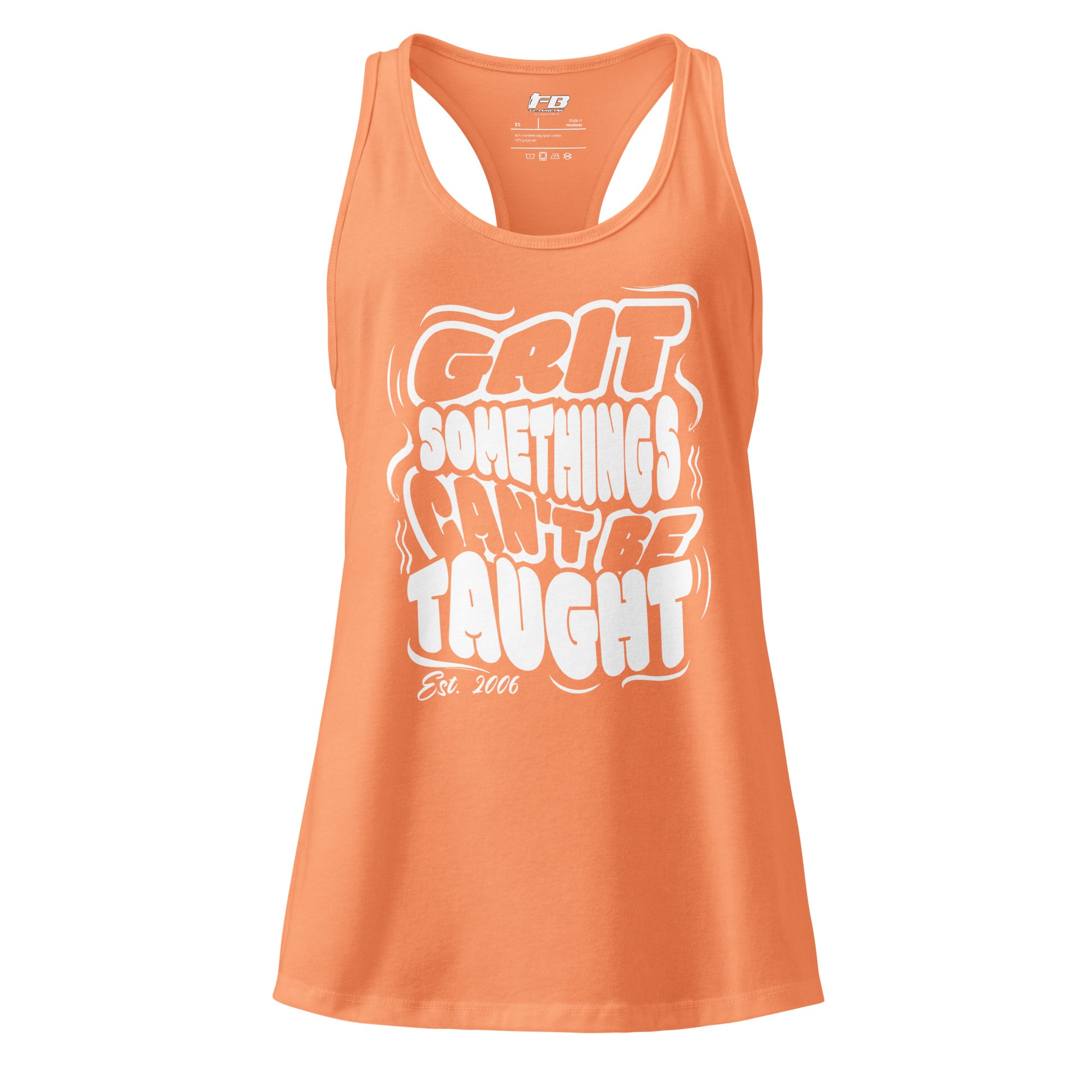 Orange tank top with white text on a white background