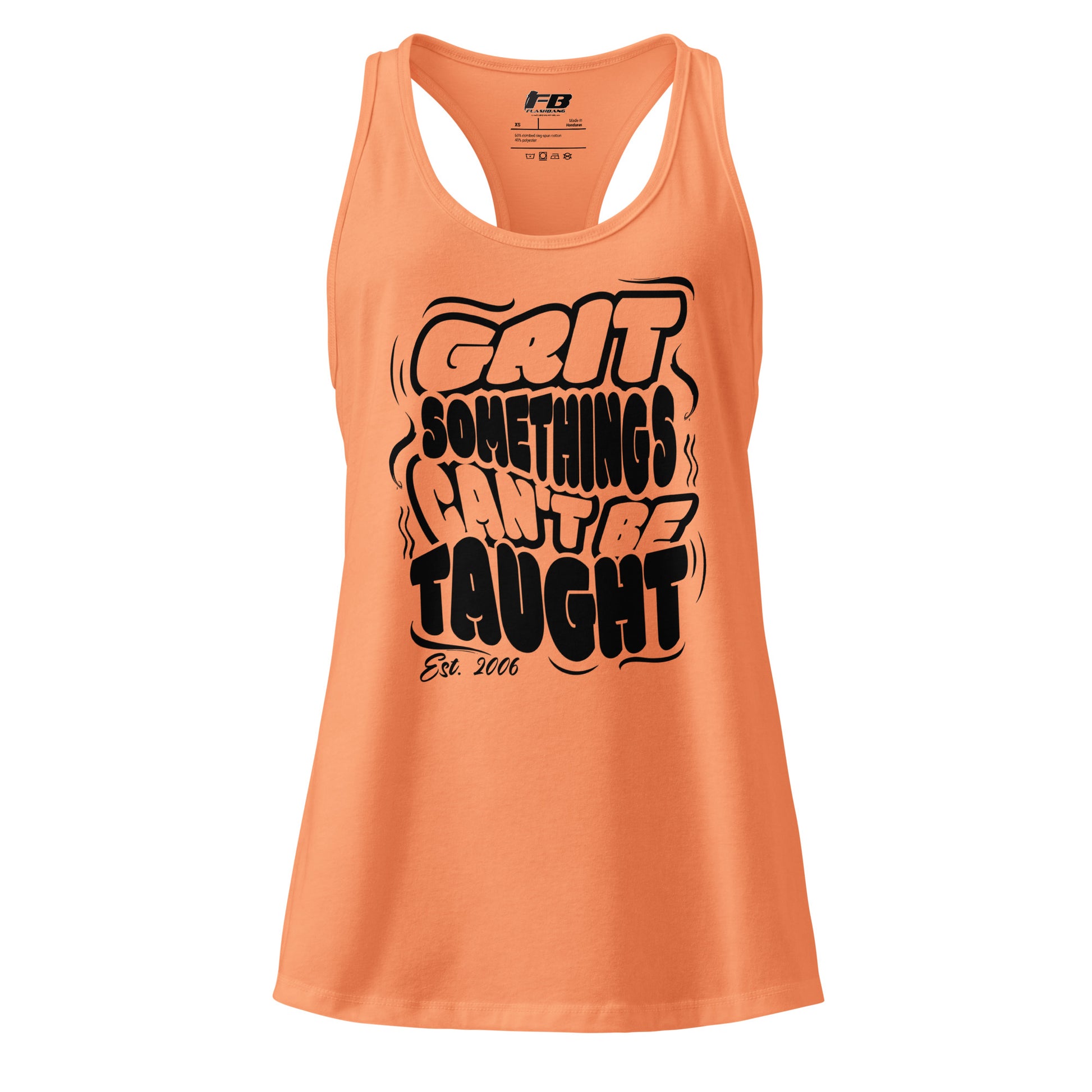 Orange tank top with black text on a white background