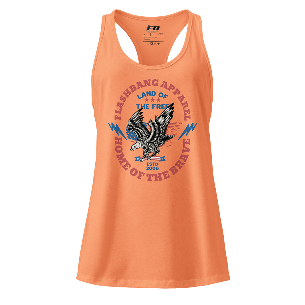 Orange tank top with eagle graphic and text on a white background