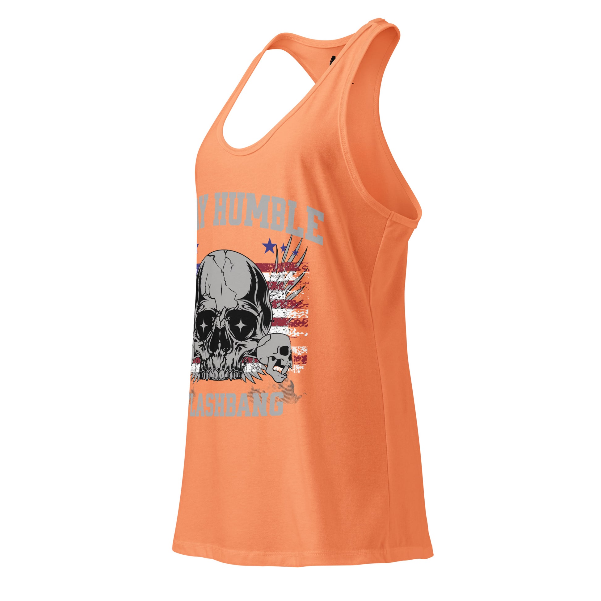 Orange tank top with skull design and text on a white background