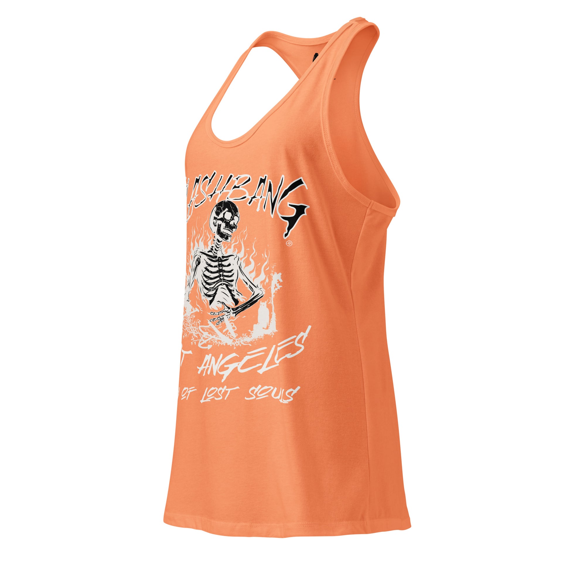 Orange tank top with skeleton graphic and text on a white background