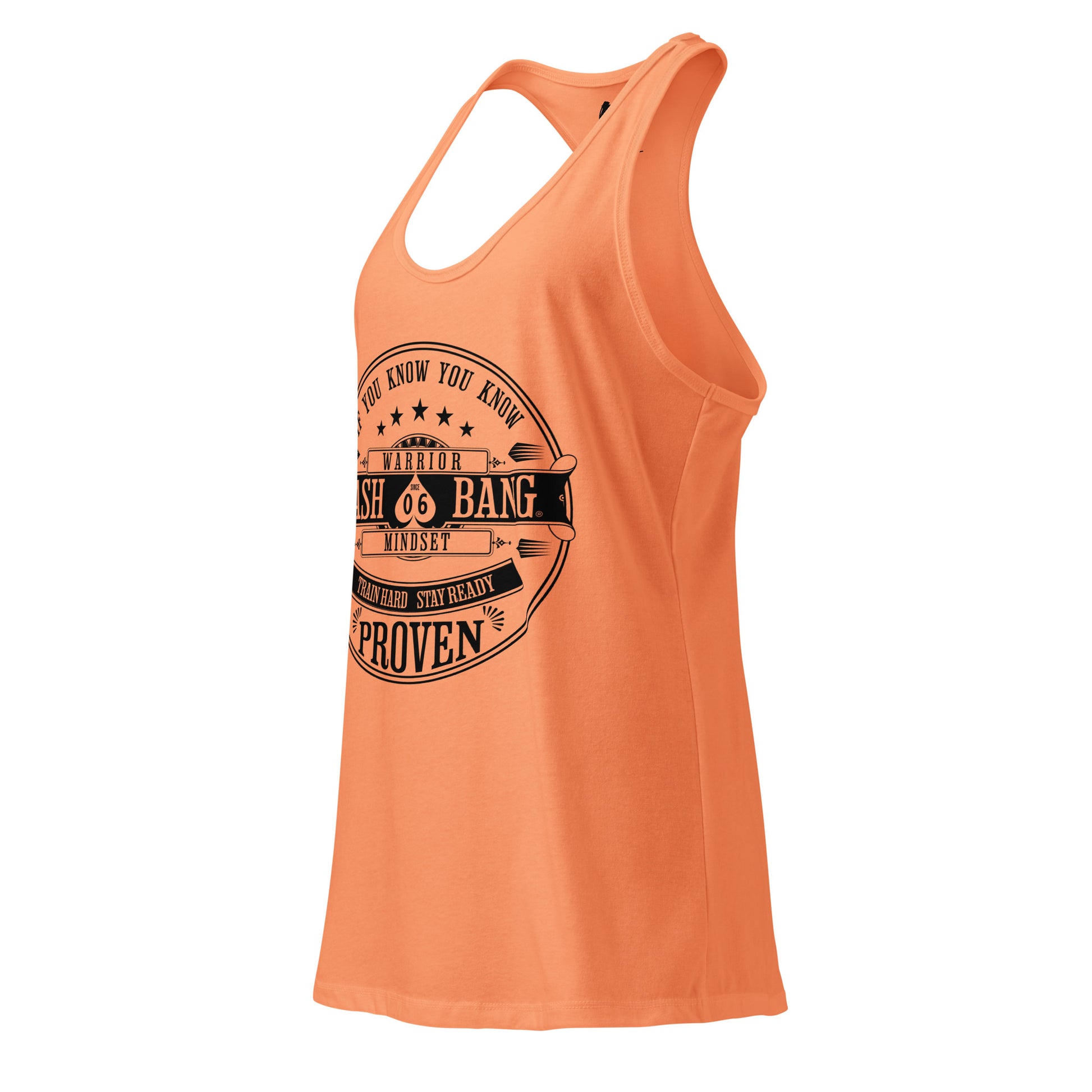 Orange tank top with black graphic design on a white background
