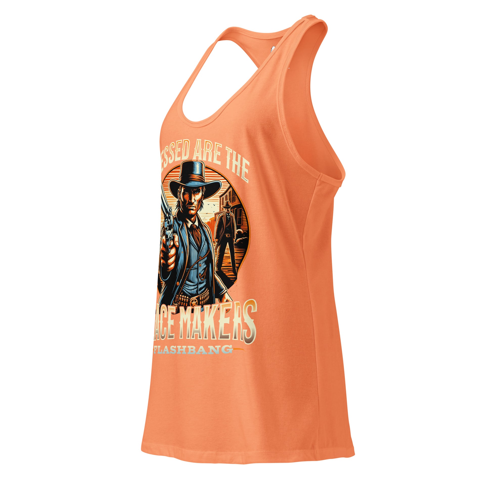 Orange tank top with graphic design of a cowboy and text on a white background