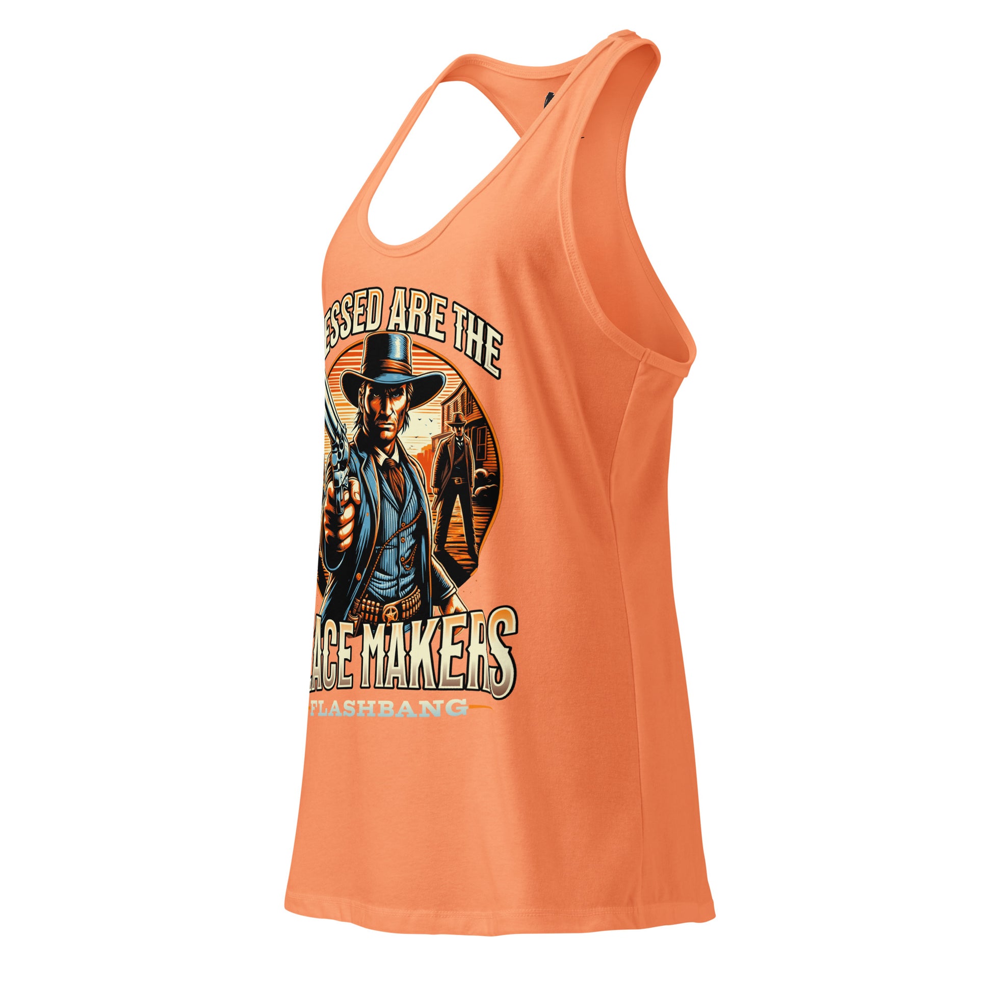 Orange tank top with graphic design and text on a white background