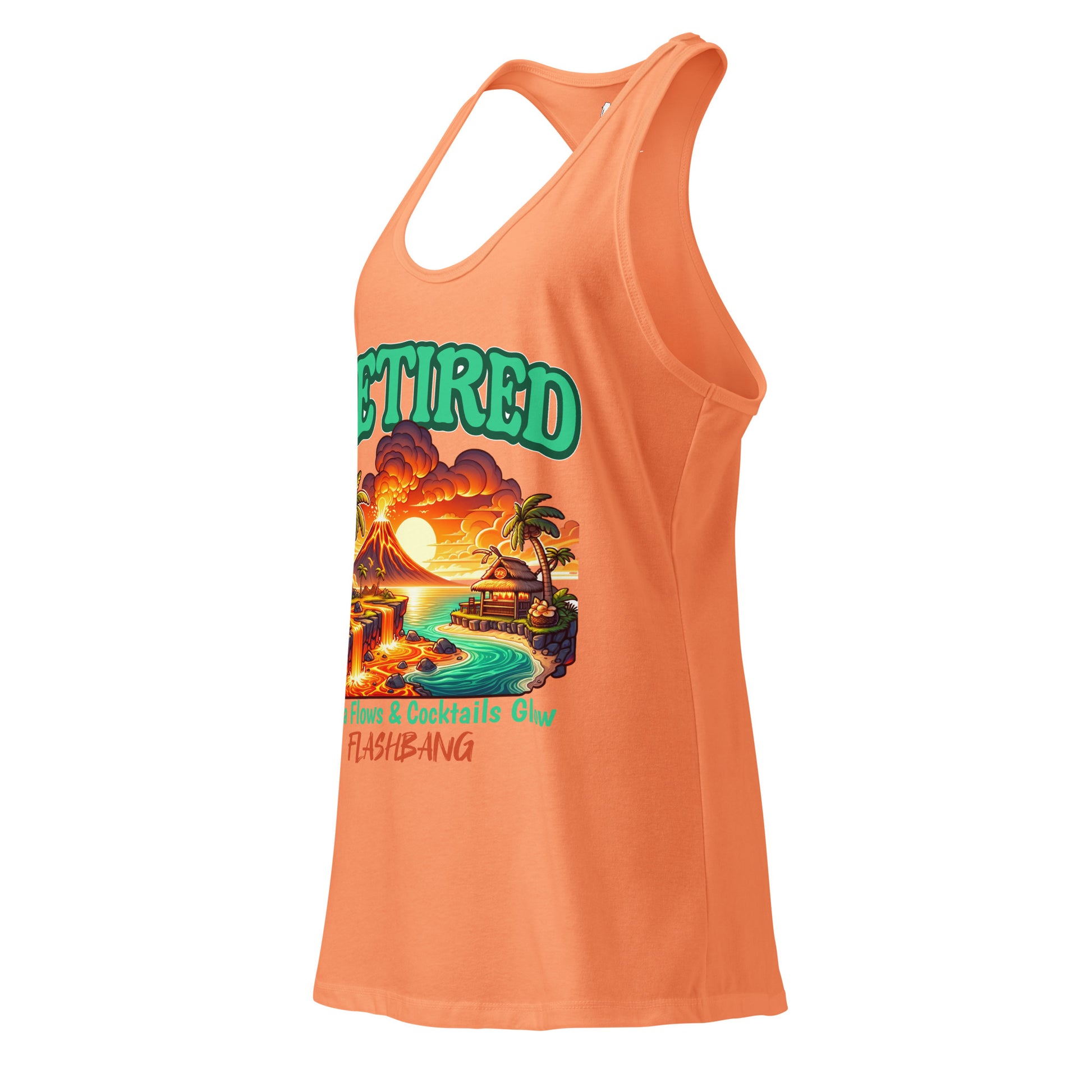 Orange tank top with a tropical graphic and text on a white background
