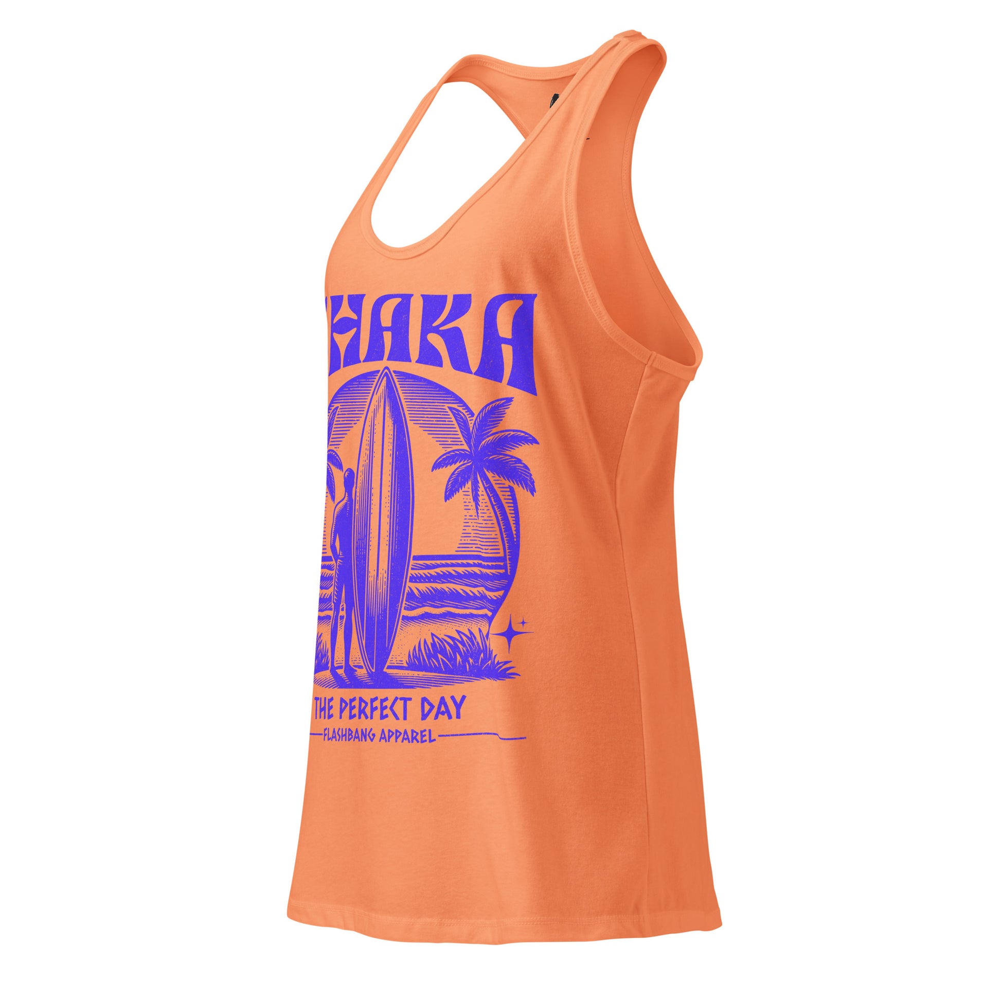 Orange tank top with purple graphic design on a white background
