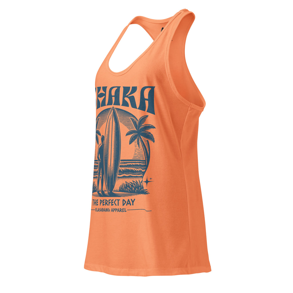Orange tank top with a graphic design on a white background