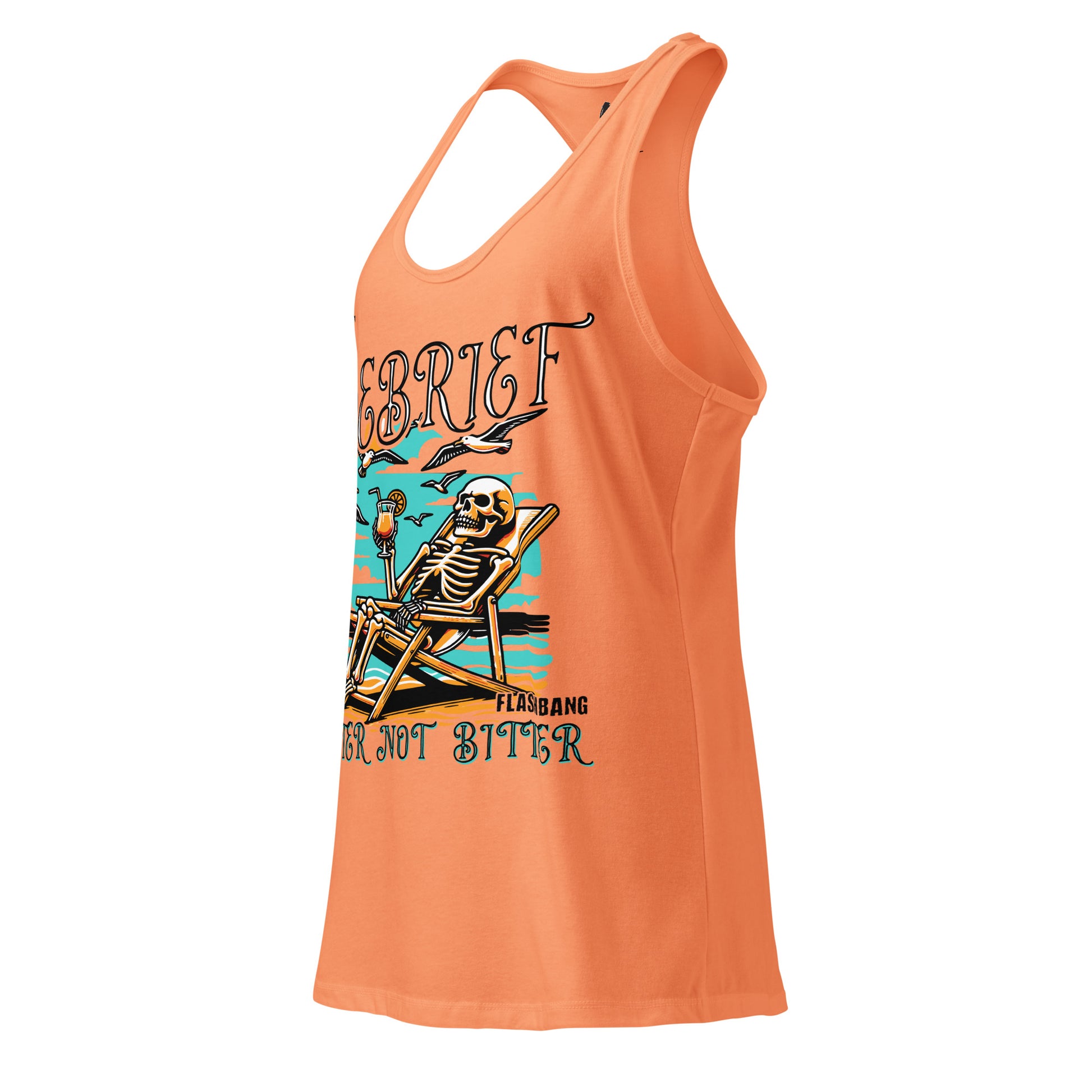 Orange tank top with a skeleton design and text on a white background