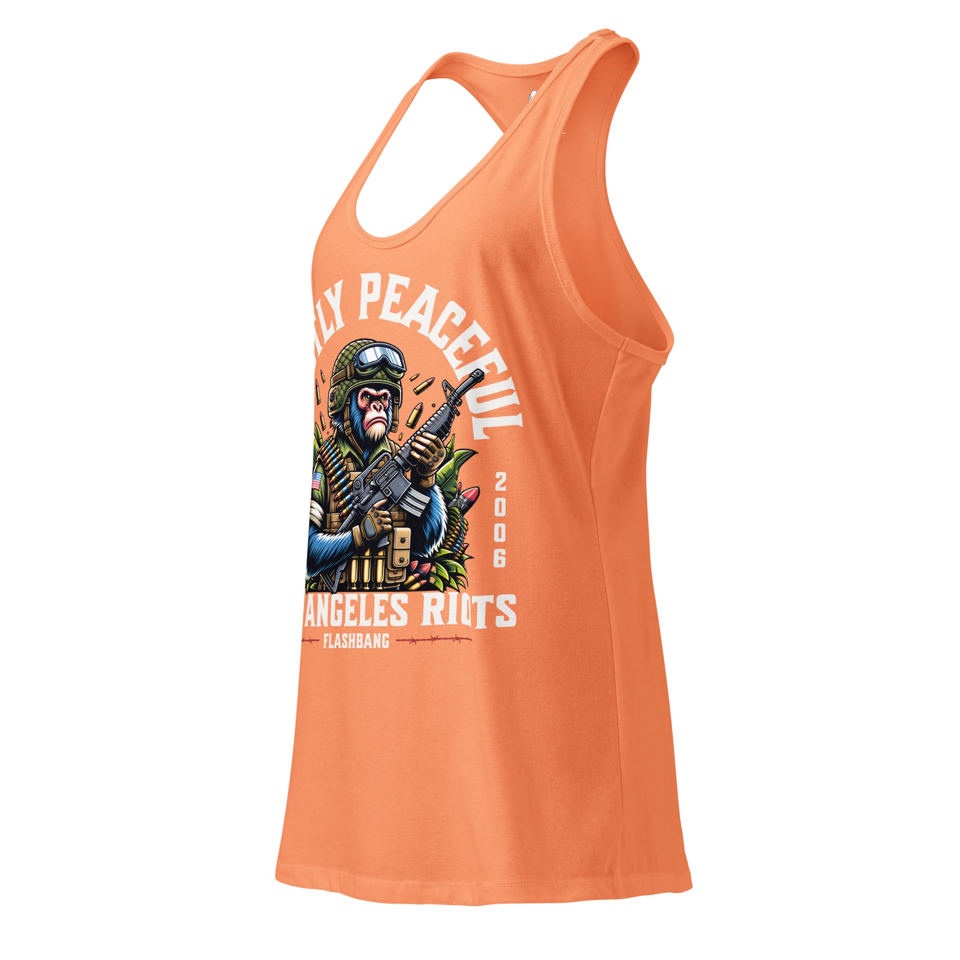 Orange tank top with graphic design and text on a white background