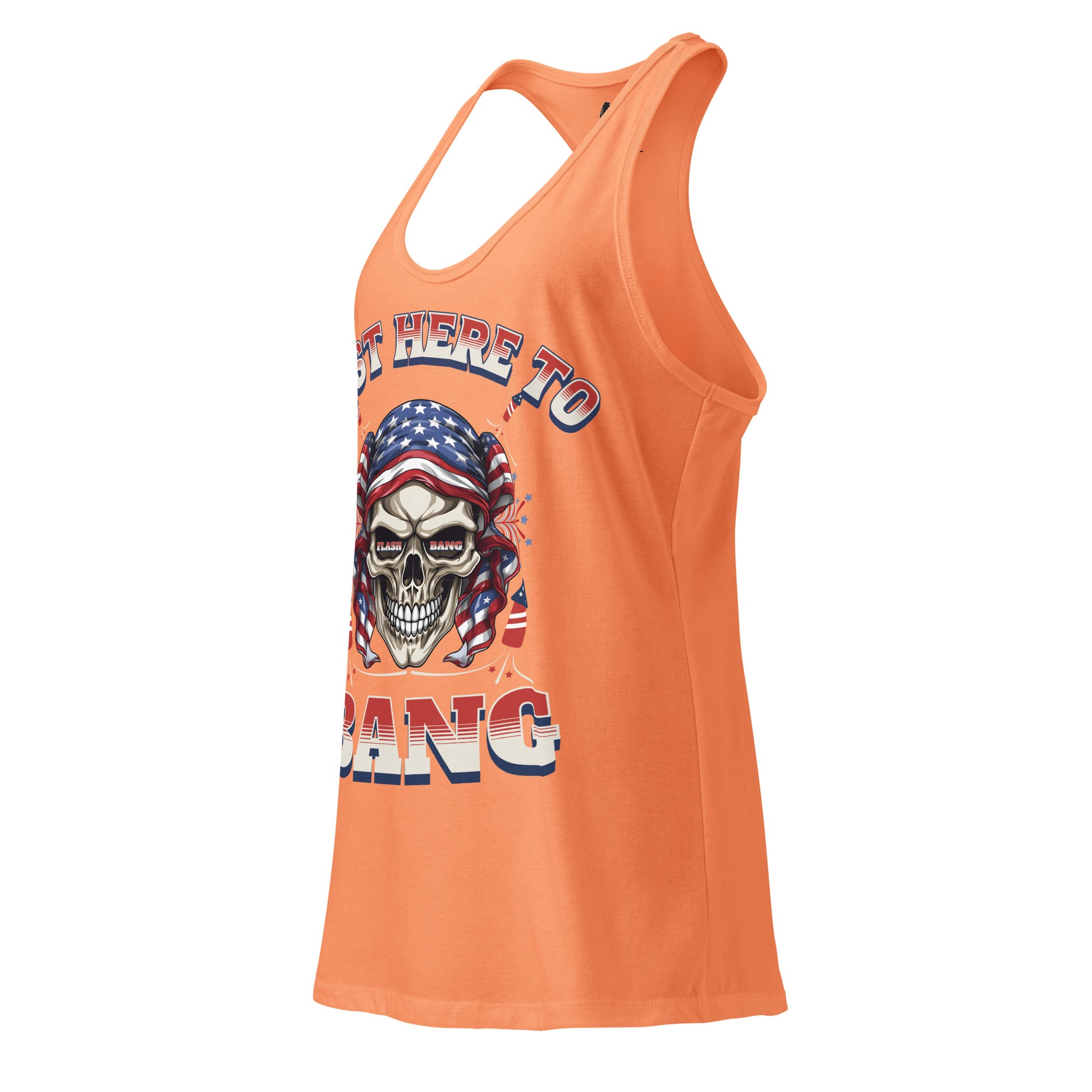 Orange tank top with a skull and American flag design on a white background