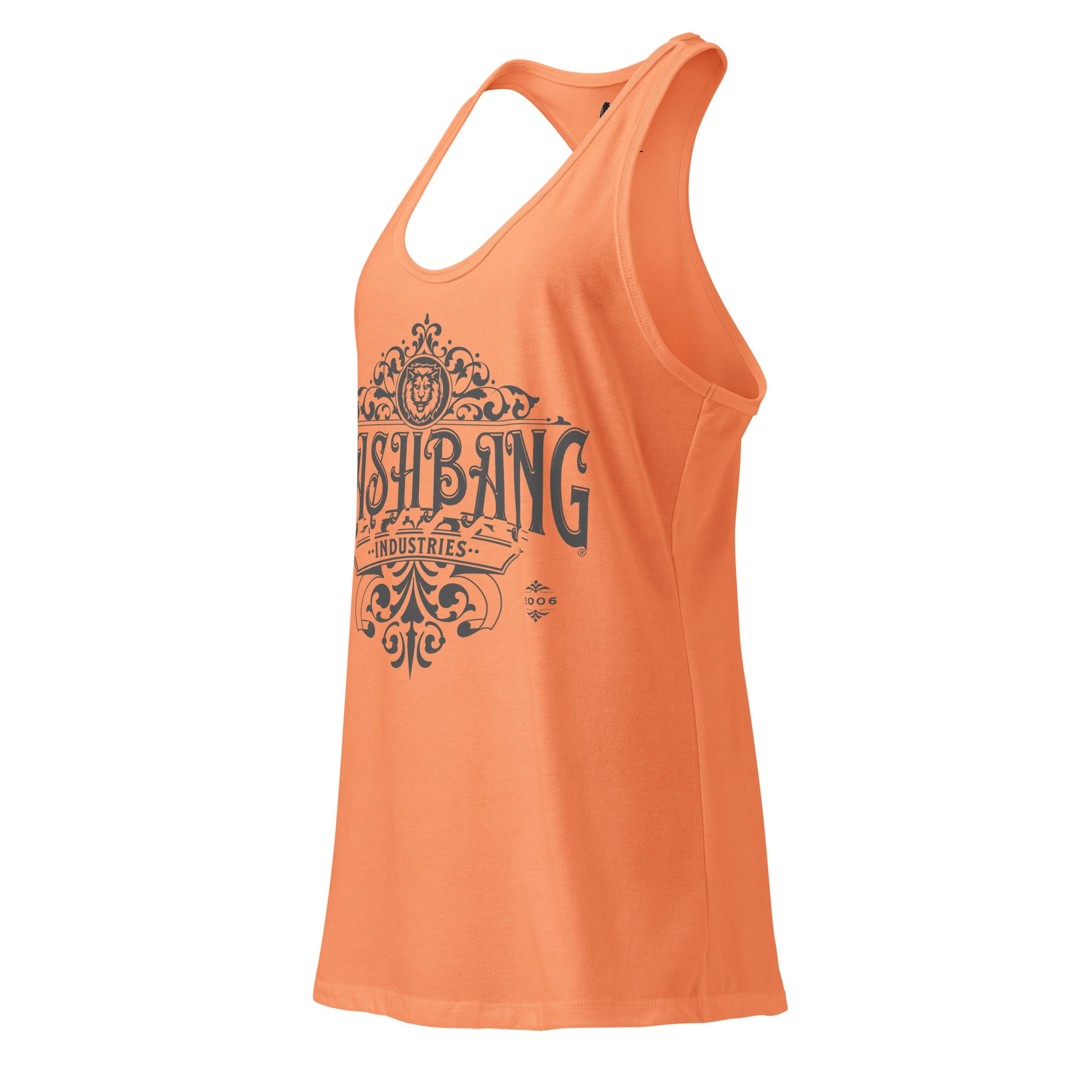 Orange tank top with black graphic design on a white background