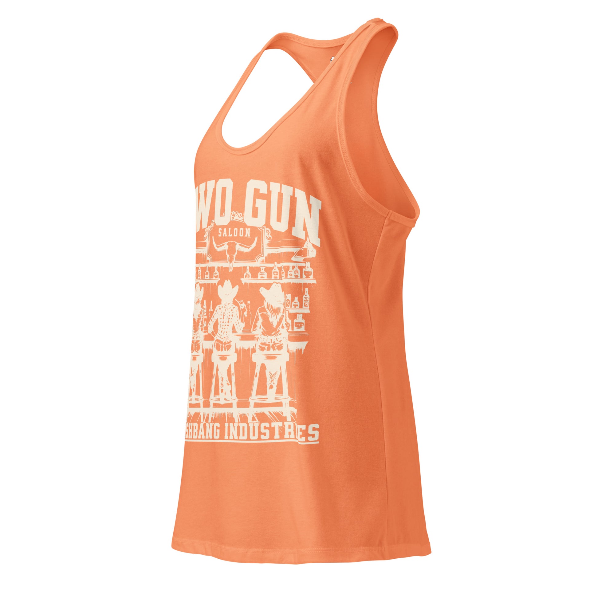 Orange tank top with white graphic design on a white background