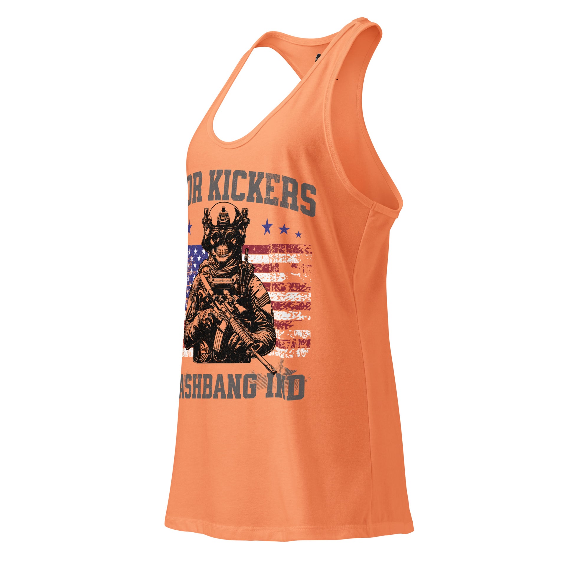 Orange tank top with graphic design and text on a white background