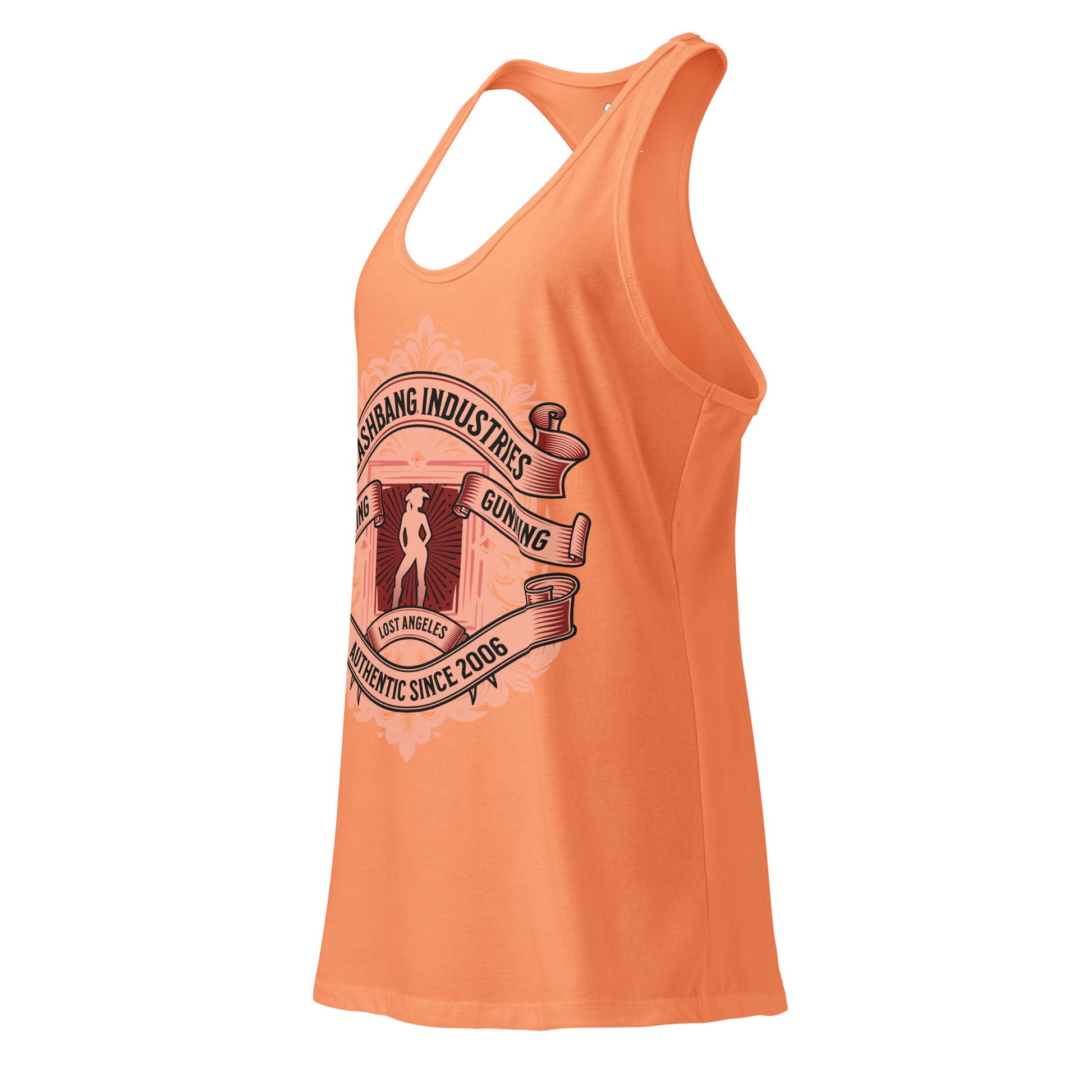 Orange tank top with graphic design on a white background