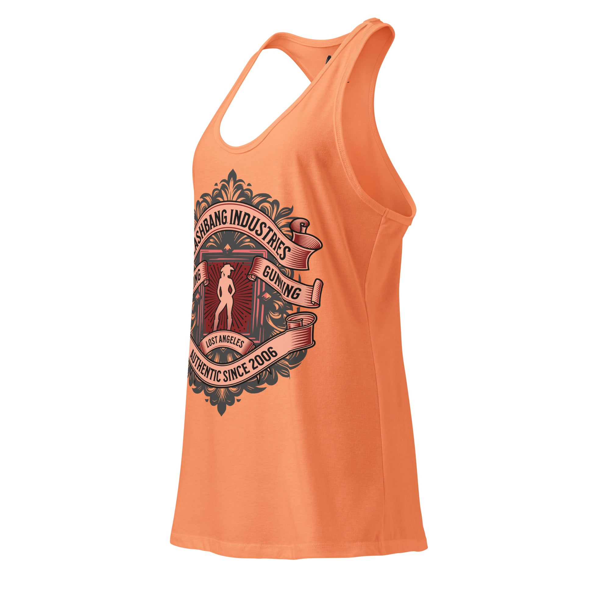 Orange tank top with graphic design on a white background