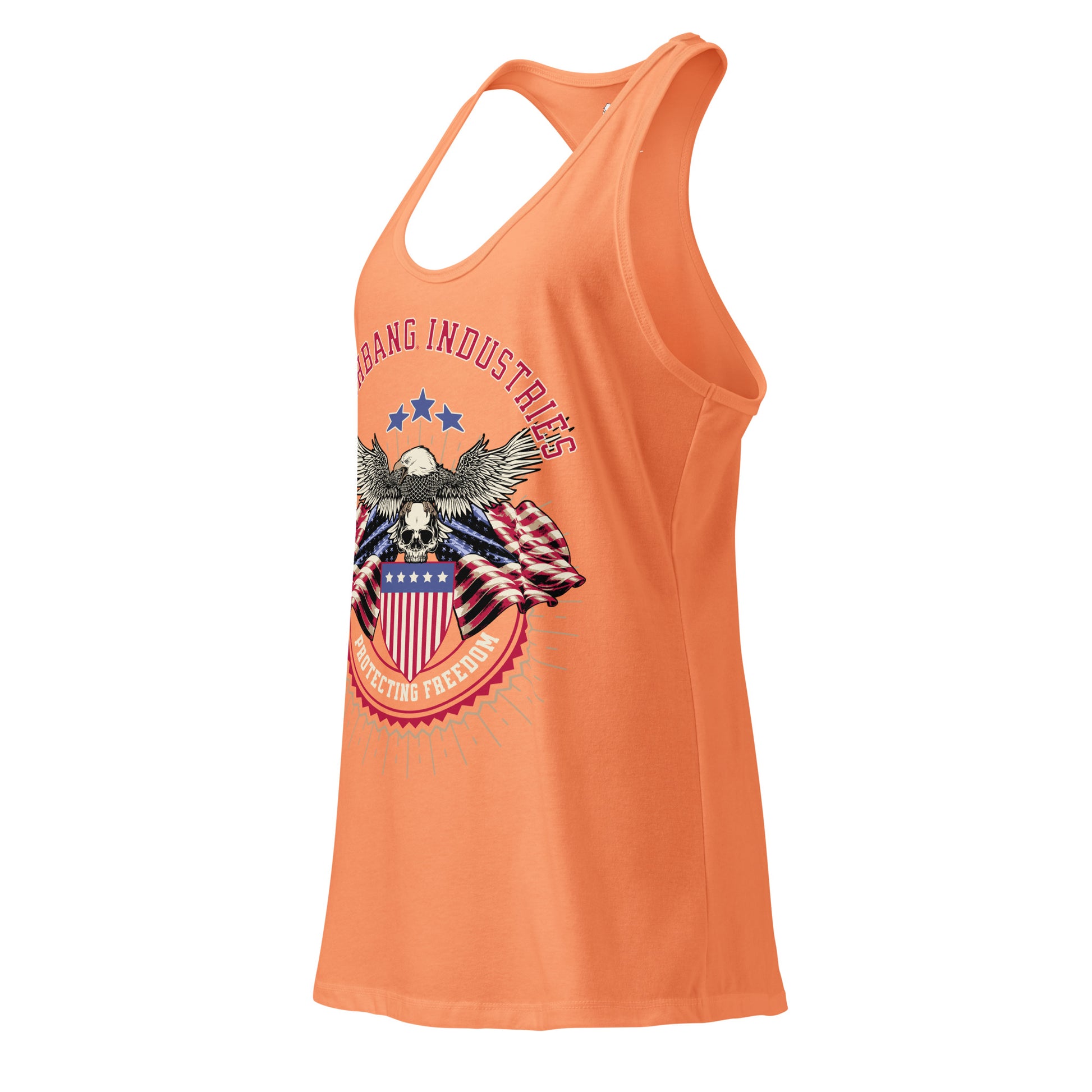 Orange tank top with graphic design on a white background