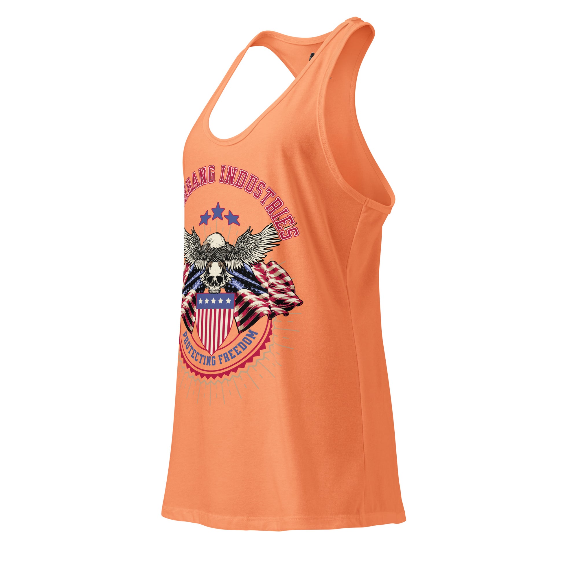 Orange tank top with graphic design on a white background