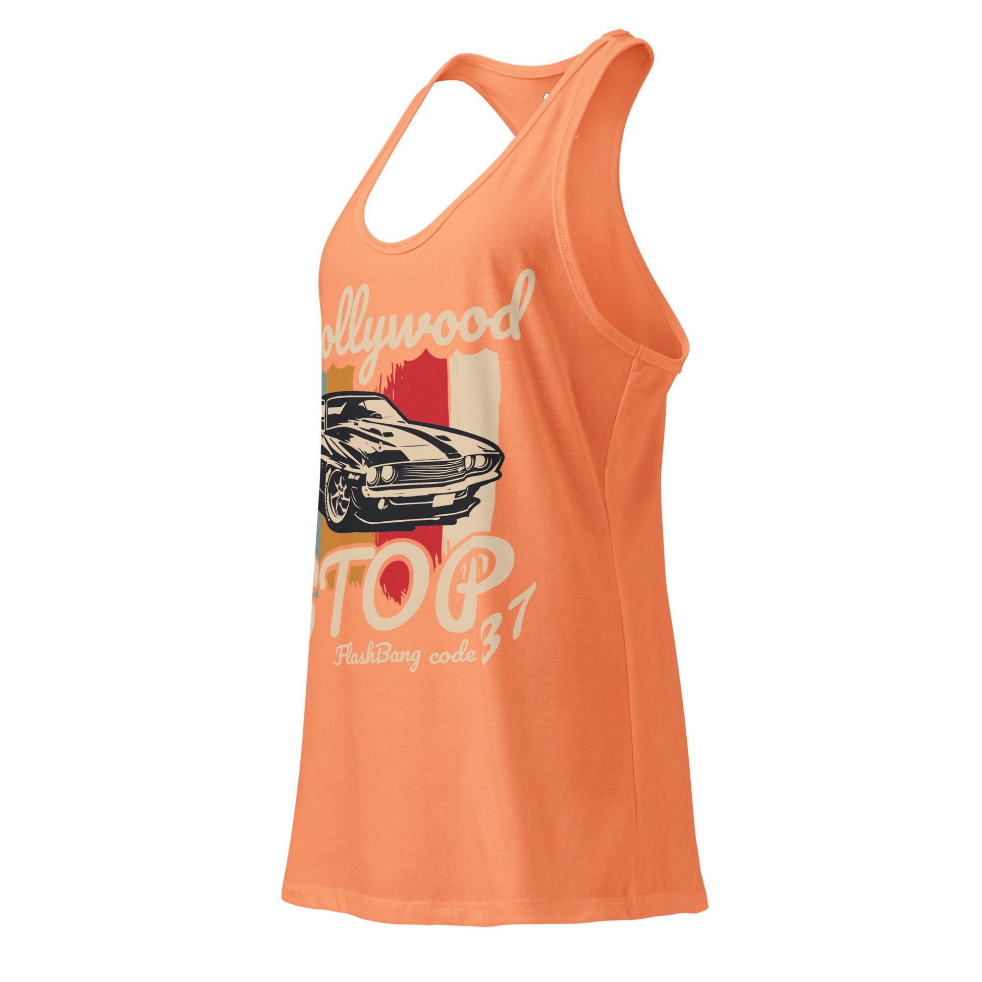 Orange tank top with graphic design on a white background