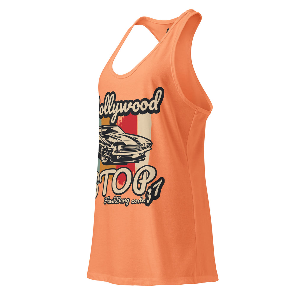 Orange tank top with graphic design on a white background