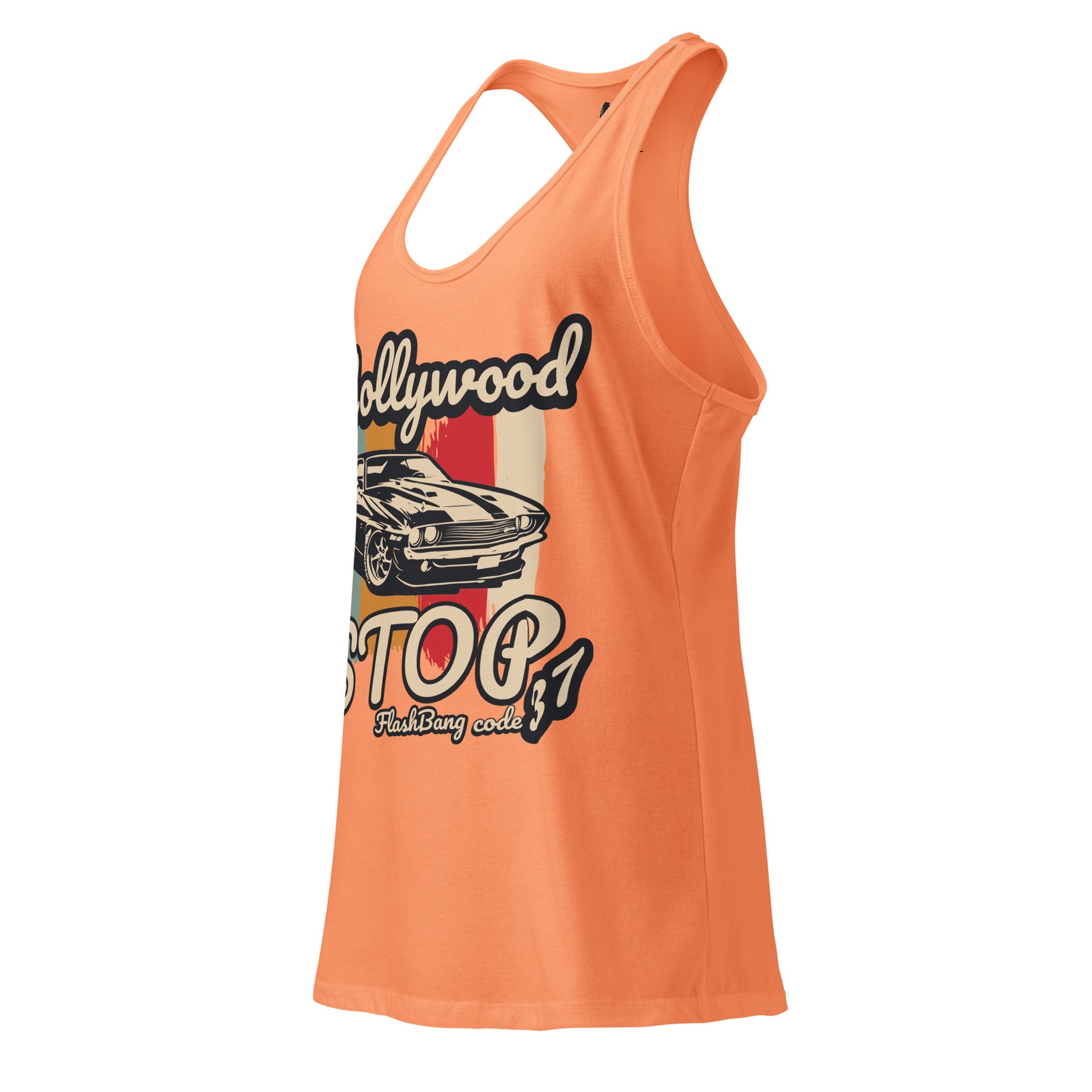 Orange tank top with graphic design on a white background